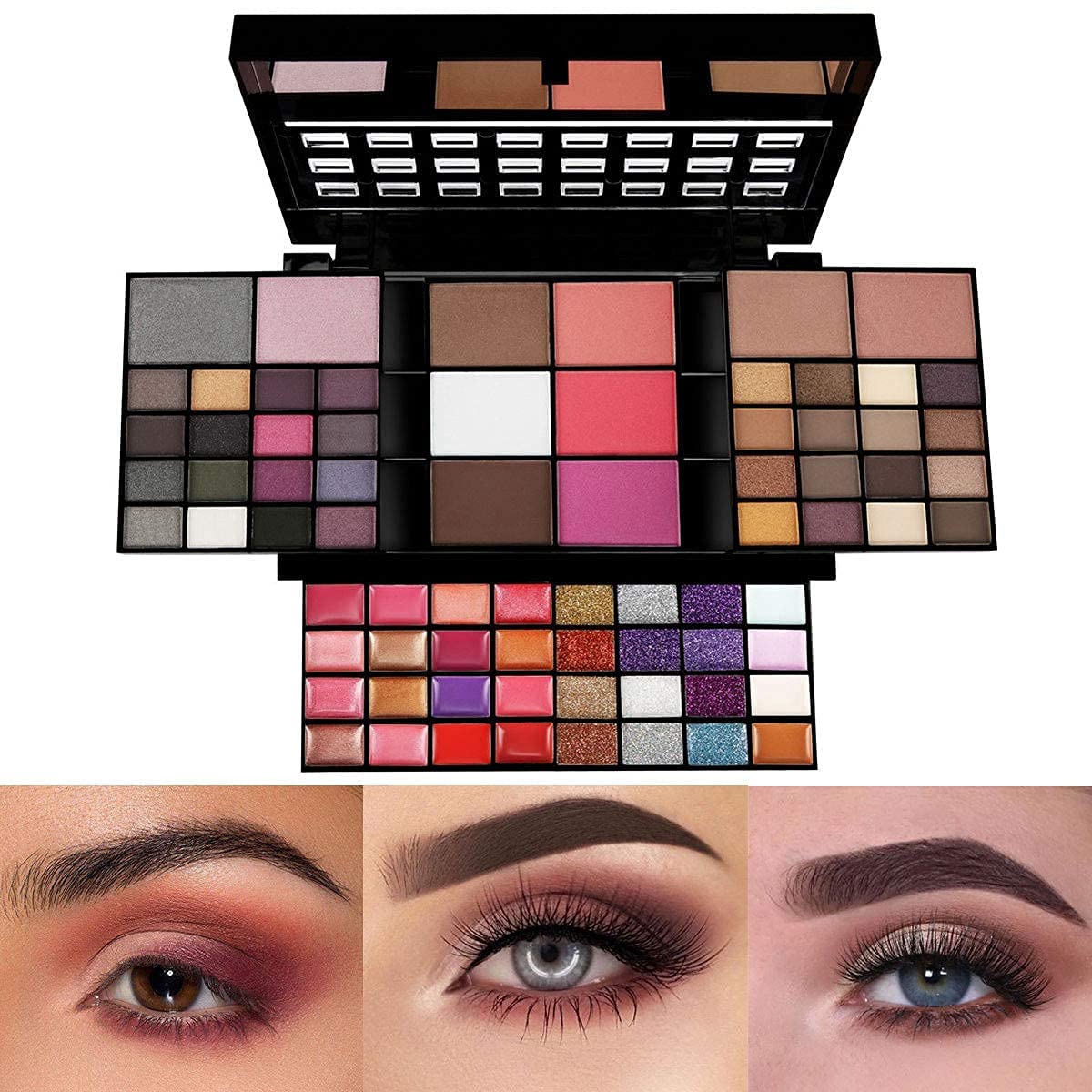 Kit de maquillaje profesional de 74 colores todo en uno, incluye 36 maquillaje de sombra de ojos, 16 brillo de labios, 12 crema con purpurina, 4
