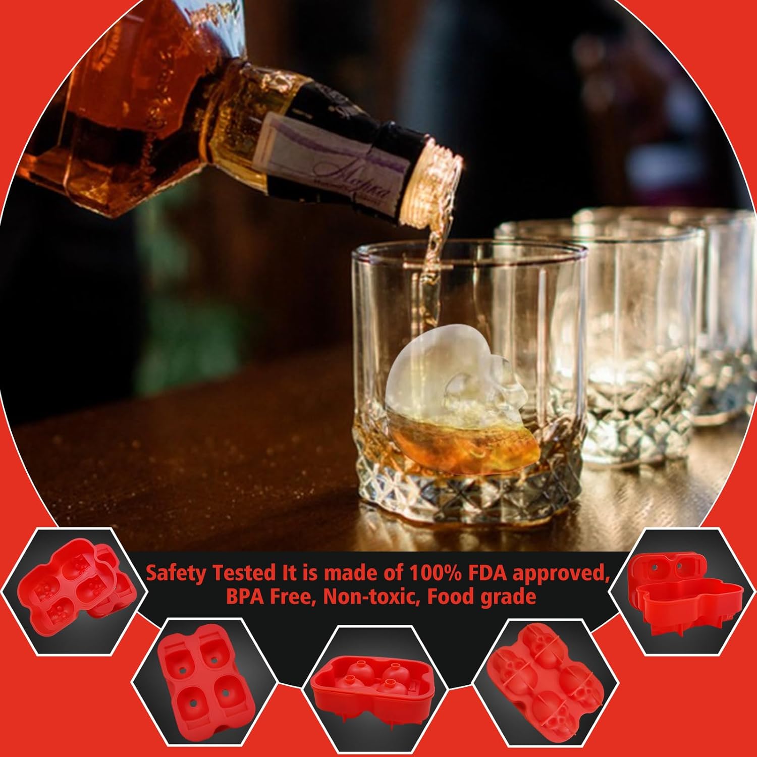 Molde grande para bolas de hielo de whisky, un juego de 4 moldes grandes para cubitos de hielo, moldes redondos grandes, silicona reutilizable de