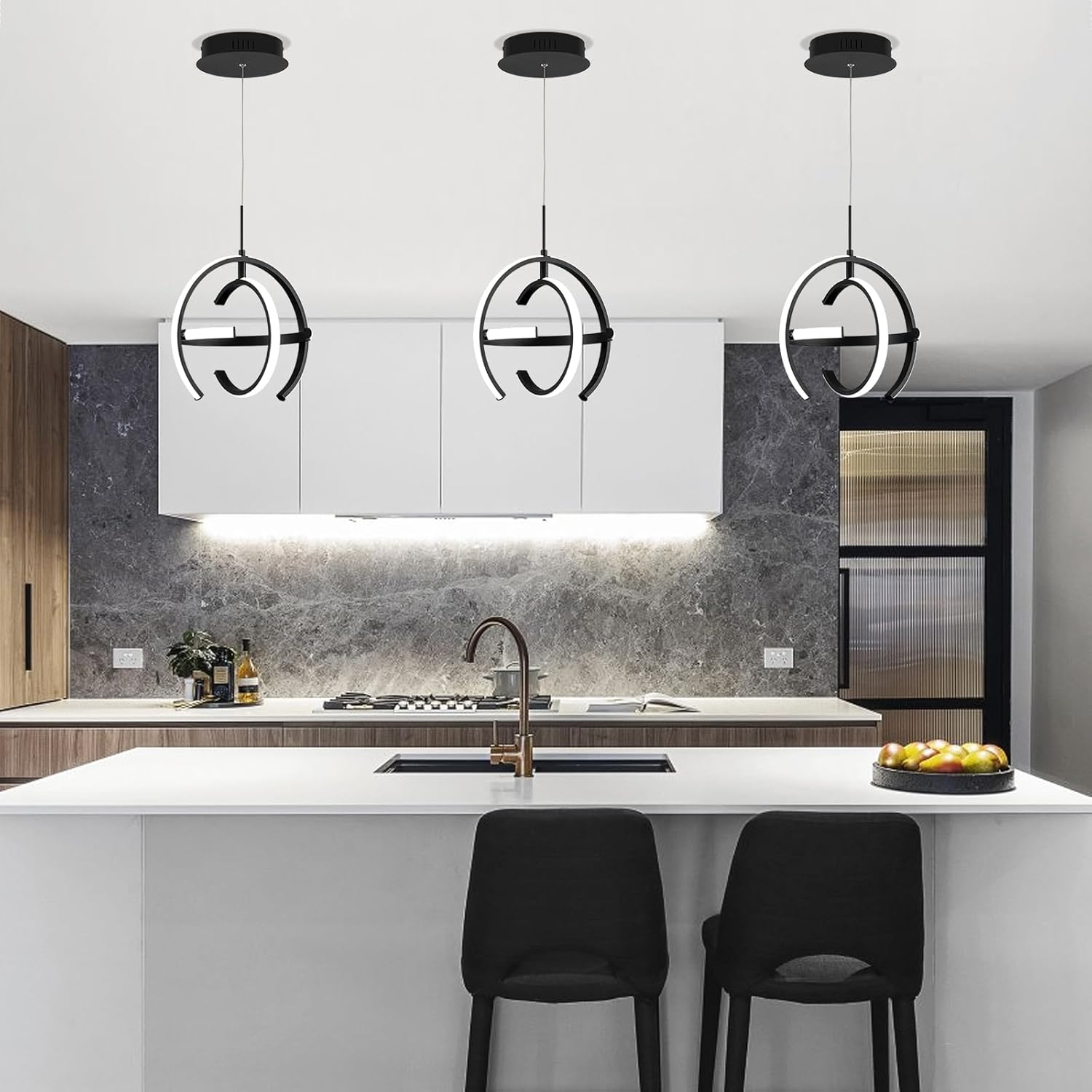Candelabro LED moderno, lámpara colgante negra, anillo de globo contemporáneo, iluminación colgante de techo redondo para comedor, sala de estar,