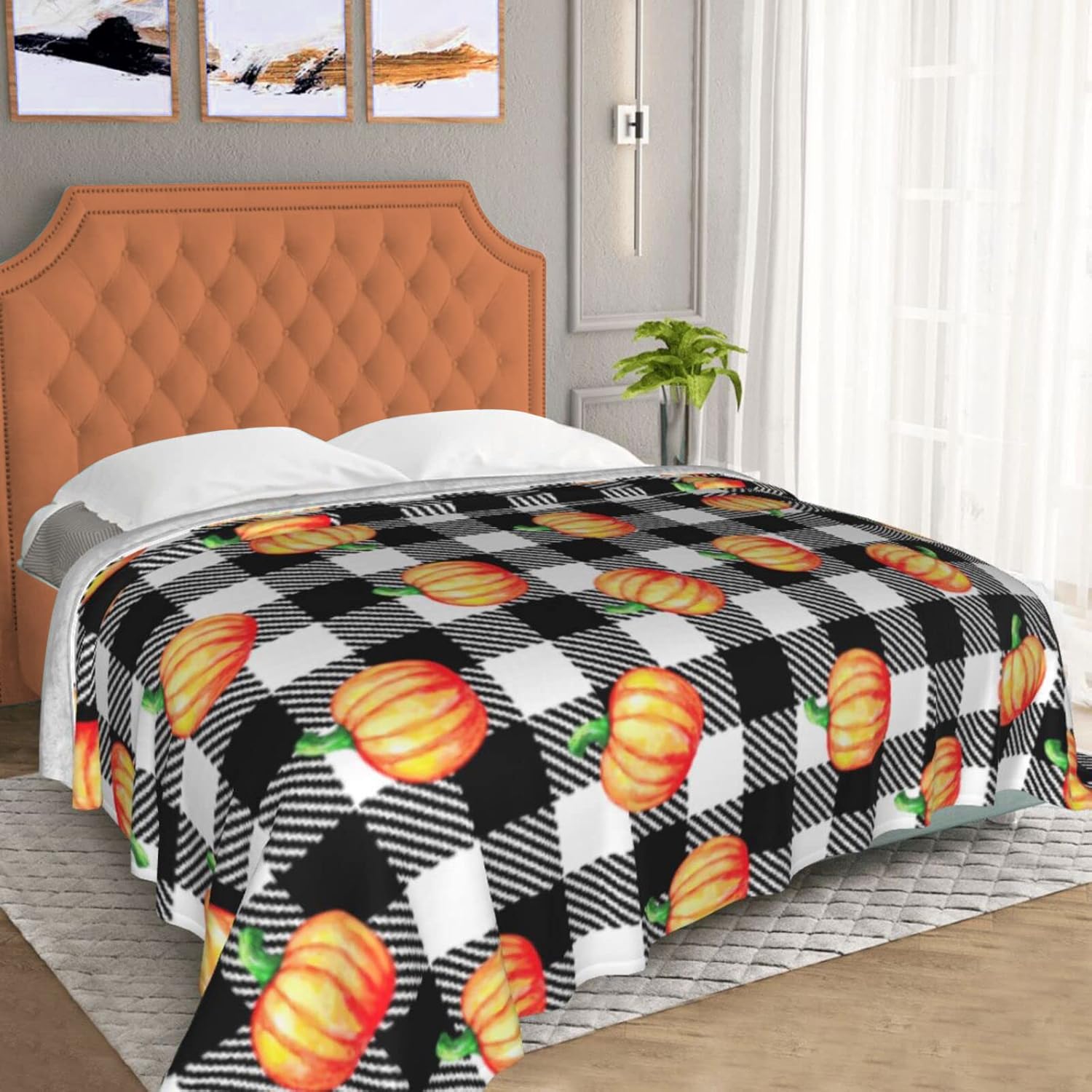 FJPT Manta de otoño de Acción de Gracias, diseño de búfalo blanco y negro con calabazas naranjas, manta de franela de vellón para sofá, cama, sofá,