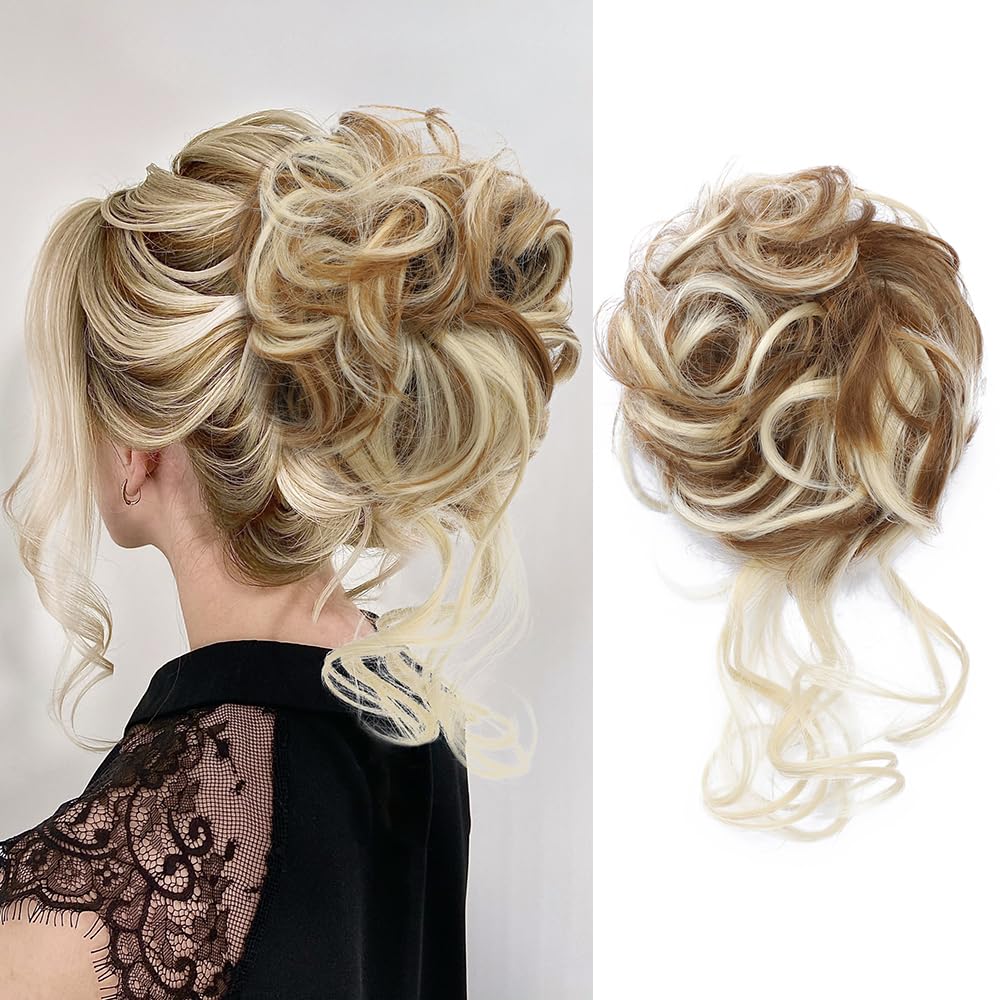 ZERAL Extensiones de cabello despeinado con bandas elásticas para el cabello rizado para mujeres (mezcla marrón y rubio decolorado)