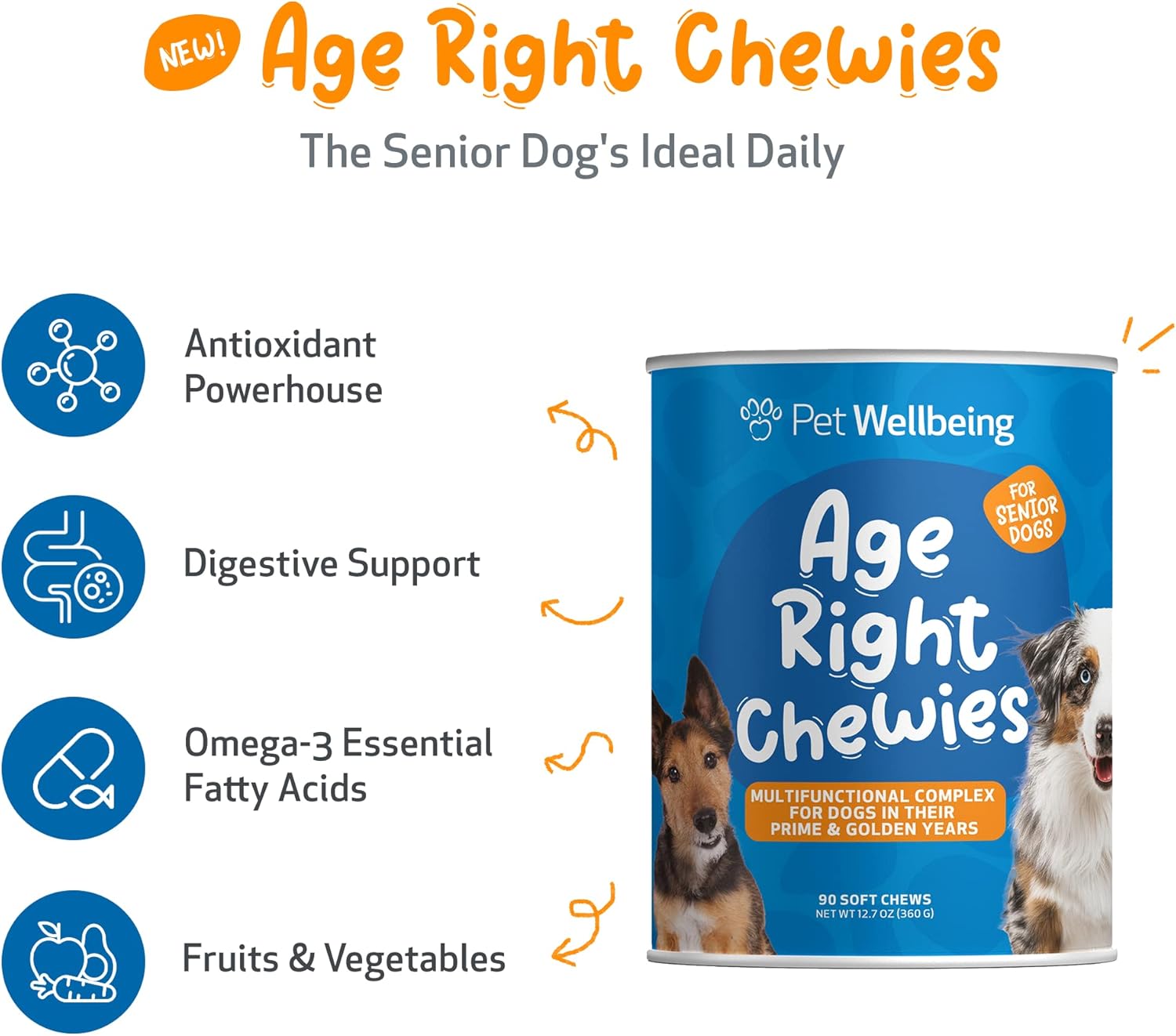 Pet Wellbeing Age Right – Masticables para perros en sus mejores y mayores años – Formulados por veterinarios – Soporte multifuncional diario para