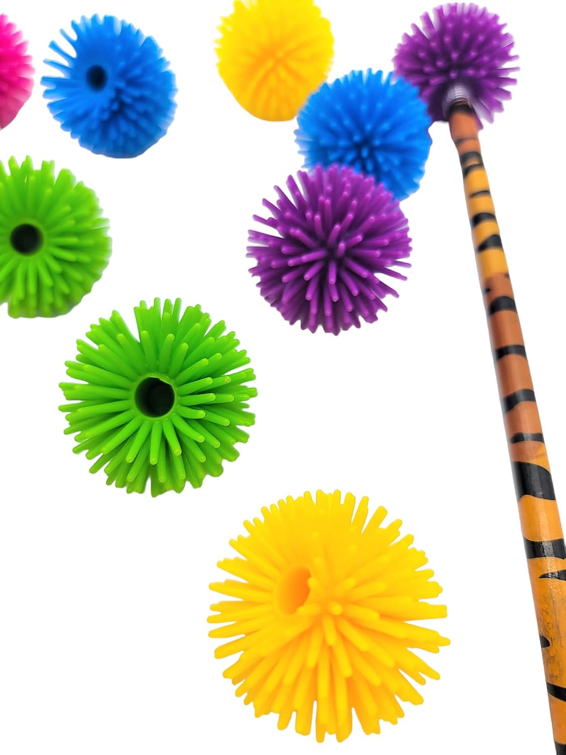Zugar Land Coloridas tapas de lápices de bolas de seto (paquete de 12) de 1.5 pulgadas. Diversión para la ansiedad. Bolas de pinchos. Incentivo de