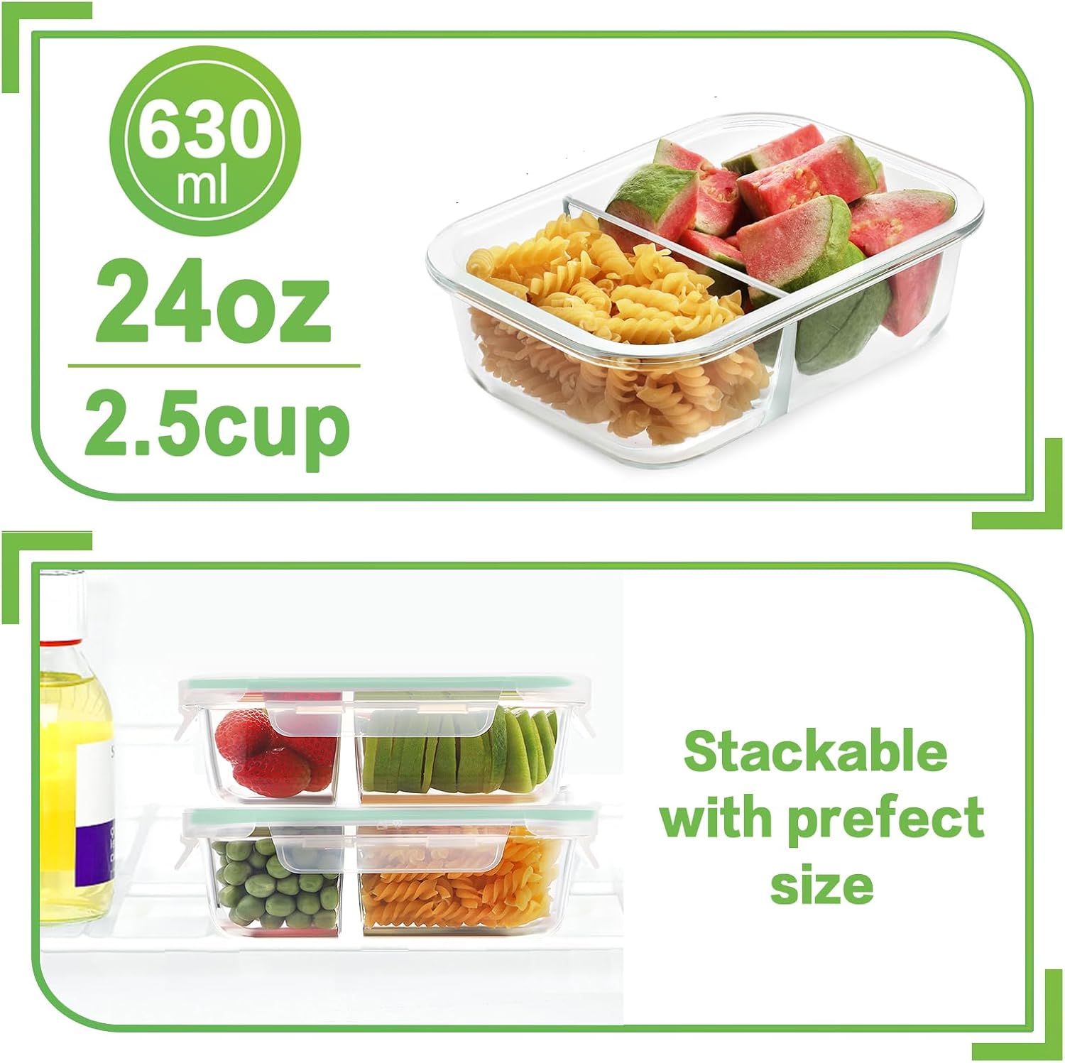 Paquete de 10 recipientes de vidrio para preparación de comidas, 2 compartimentos, recipientes de vidrio para almacenamiento de alimentos con tapas,