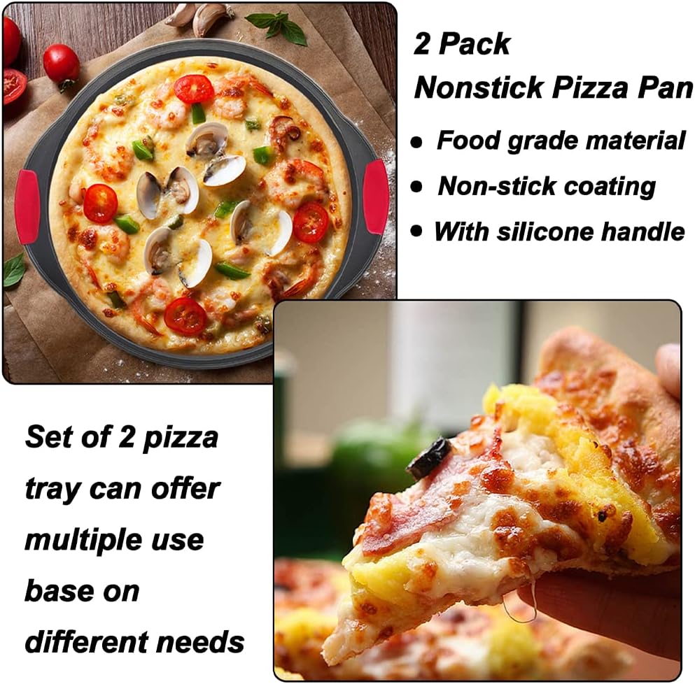 VDGPWA Bandeja de pizza antiadherente de 12 pulgadas, con mango de silicona, acero al carbono sin agujero y con agujero, bandeja para pizza, bandeja