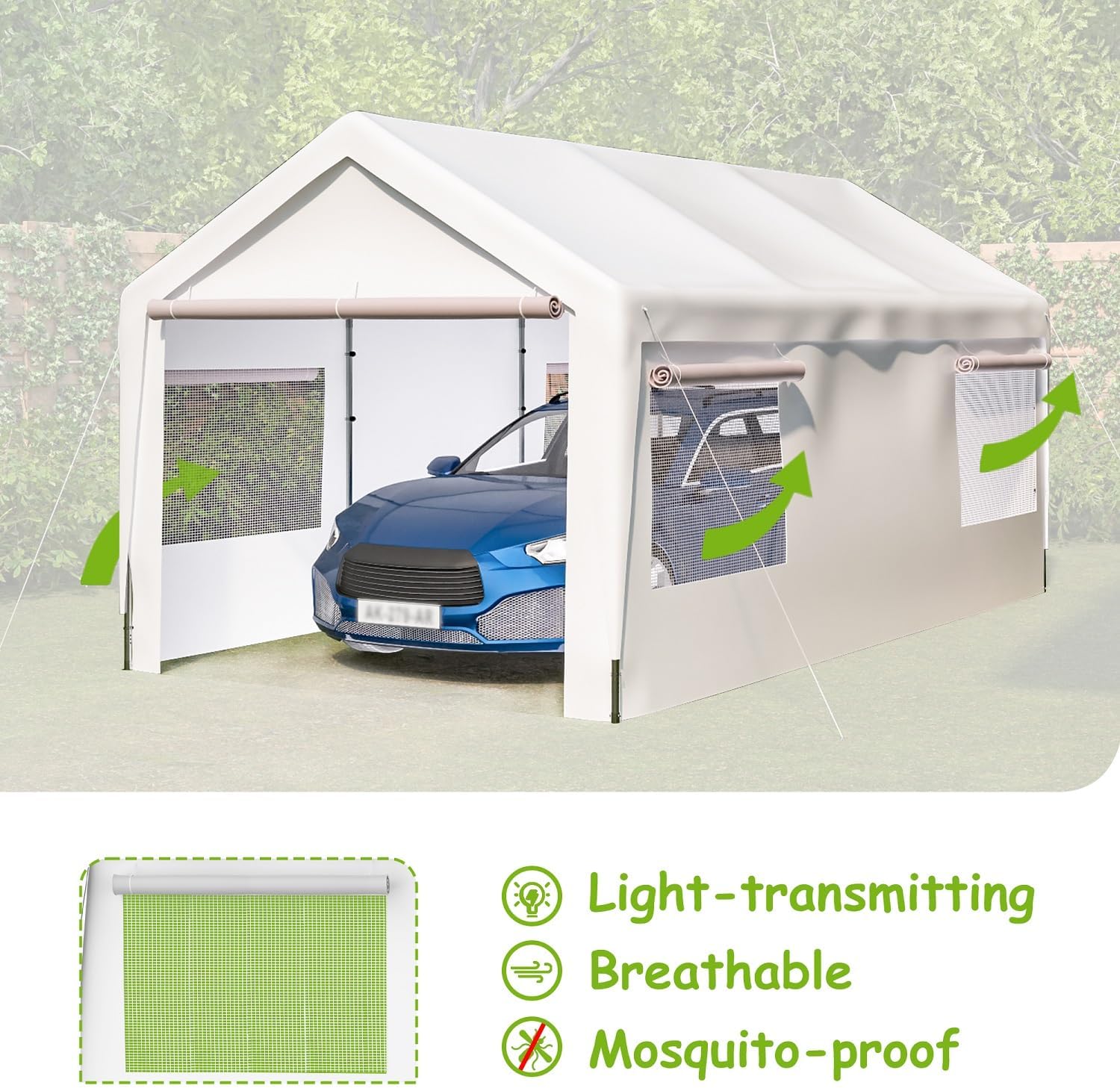 Carport, toldo resistente de 10 x 20 pies con paredes laterales y puertas extraíbles, garaje portátil con ventanas enrollables ventiladas refugio de