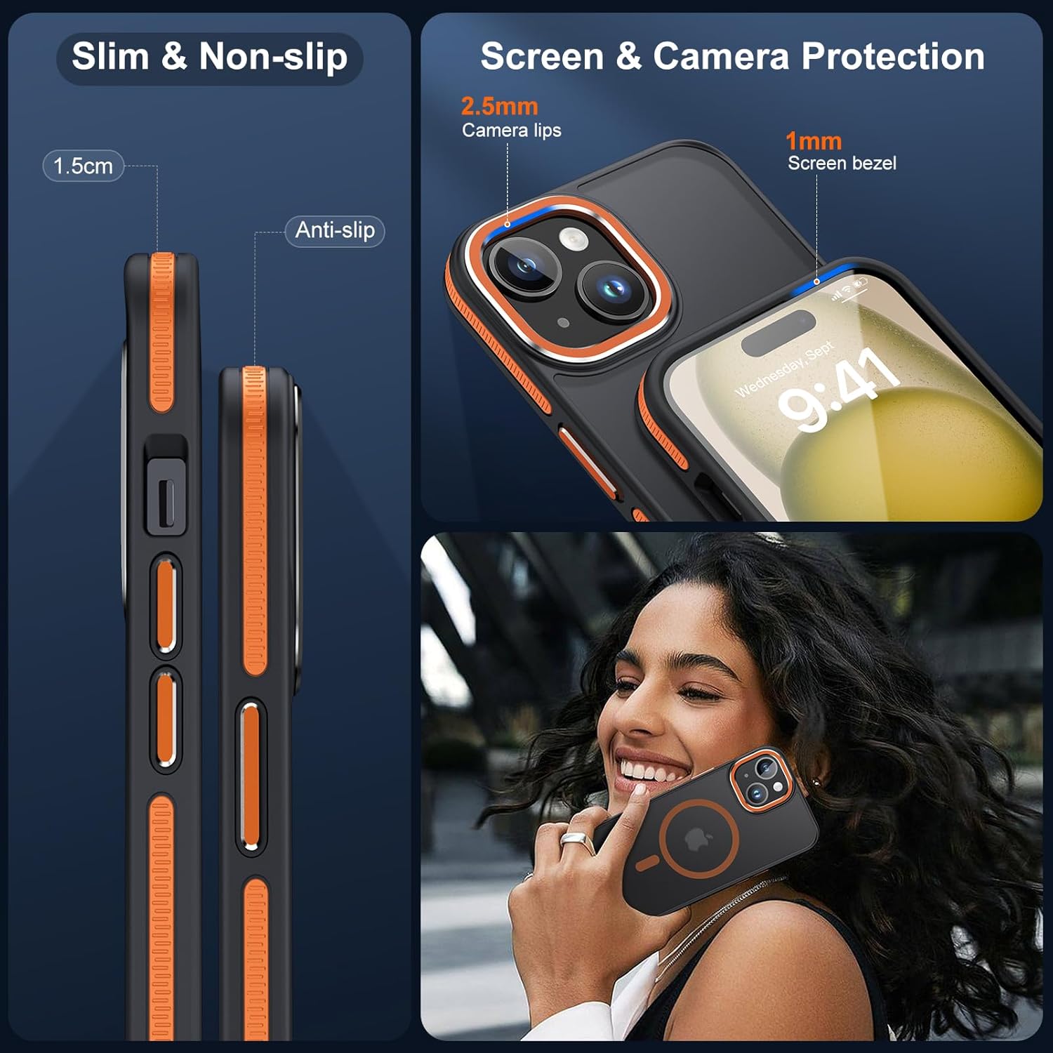 JAME Funda para iPhone 15, iPhone 15 con 2 protectores de pantalla de vidrio templado, compatible con Magsafe, protección de grado militar, funda