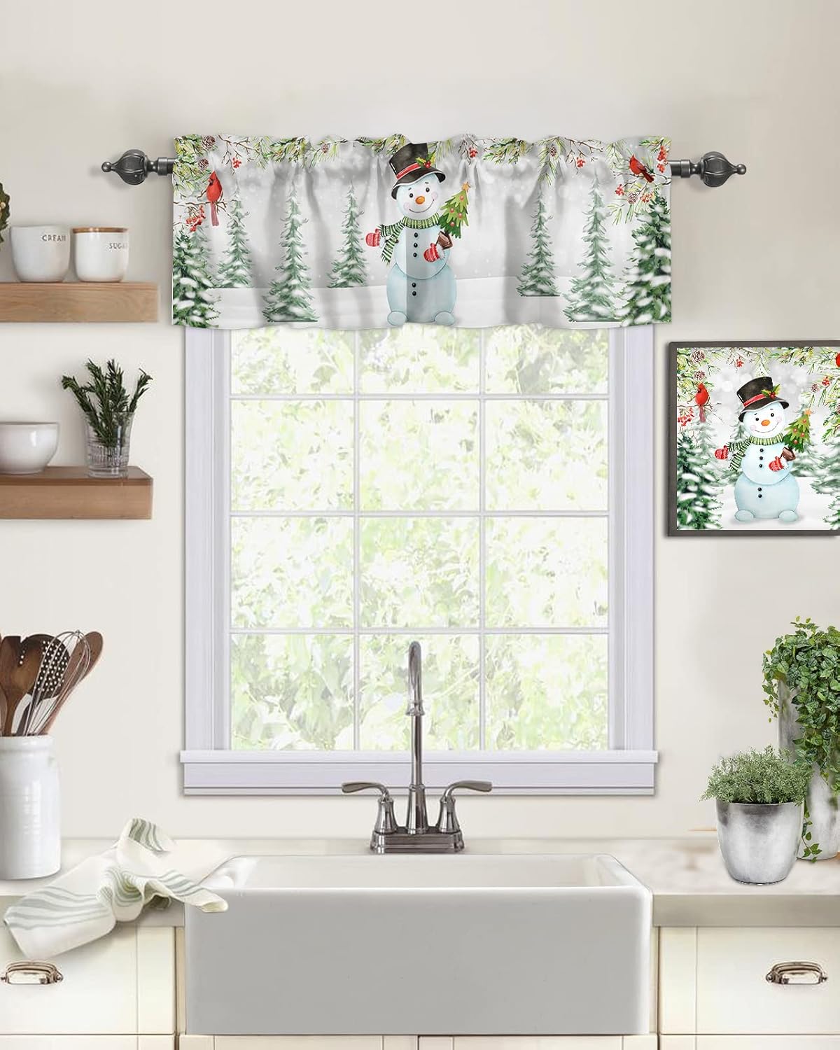 ALAGEO Cenefas de Navidad para ventanas de cocina, cenefas de árbol de Navidad cardenal rojo, cenefas de vacaciones con bolsillo para barra,