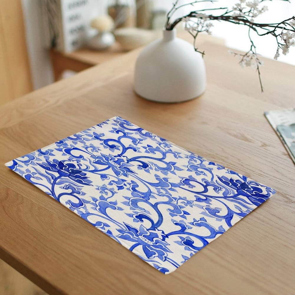 Juego de 6 manteles individuales de porcelana azul china ornamental, diseño étnico, diseño de flores, antideslizante, para mesa de comedor y cocina