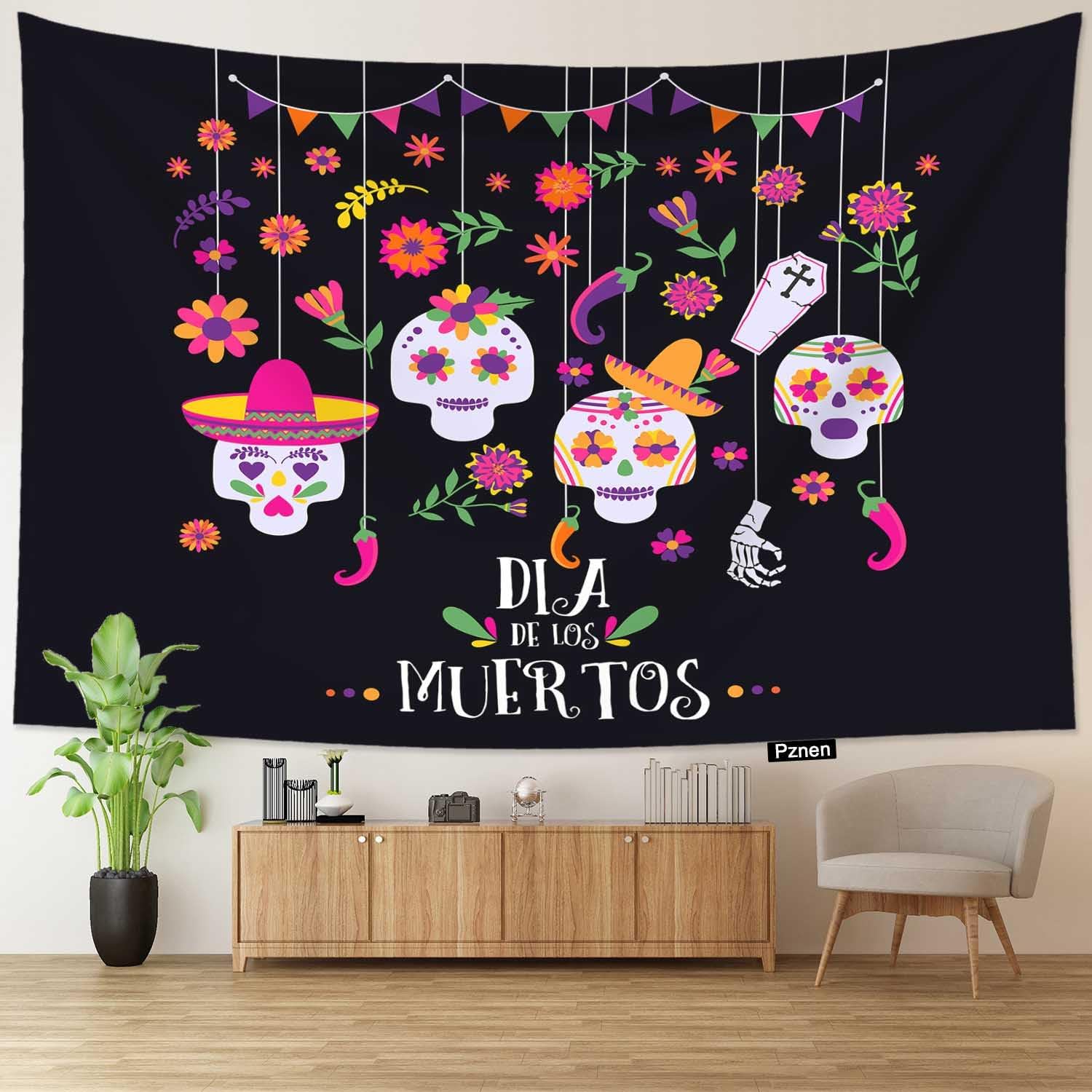 Pznen Tapiz del Día de los Muertos para colgar en la pared, diseño de calavera con diseño de flores, fondo negro grande, 60 x 80 pulgadas, fondo
