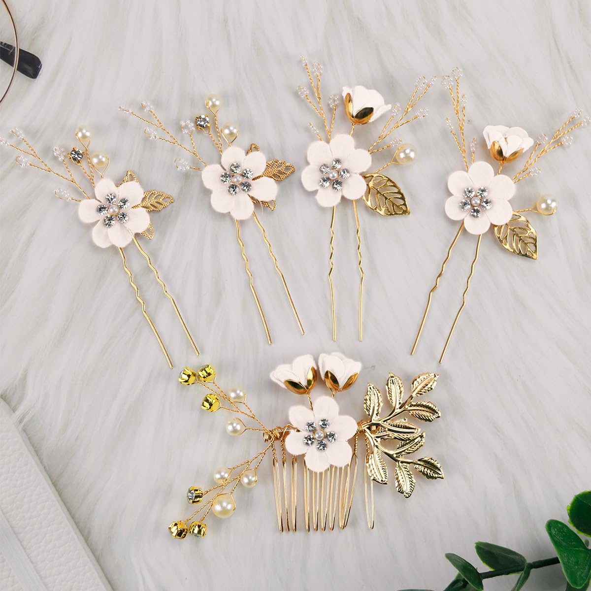 5 pinzas para el pelo de boda con flores de cristal, perlas de cristal, para novias, flores blancas, accesorios dorados para el cabello, joyería de