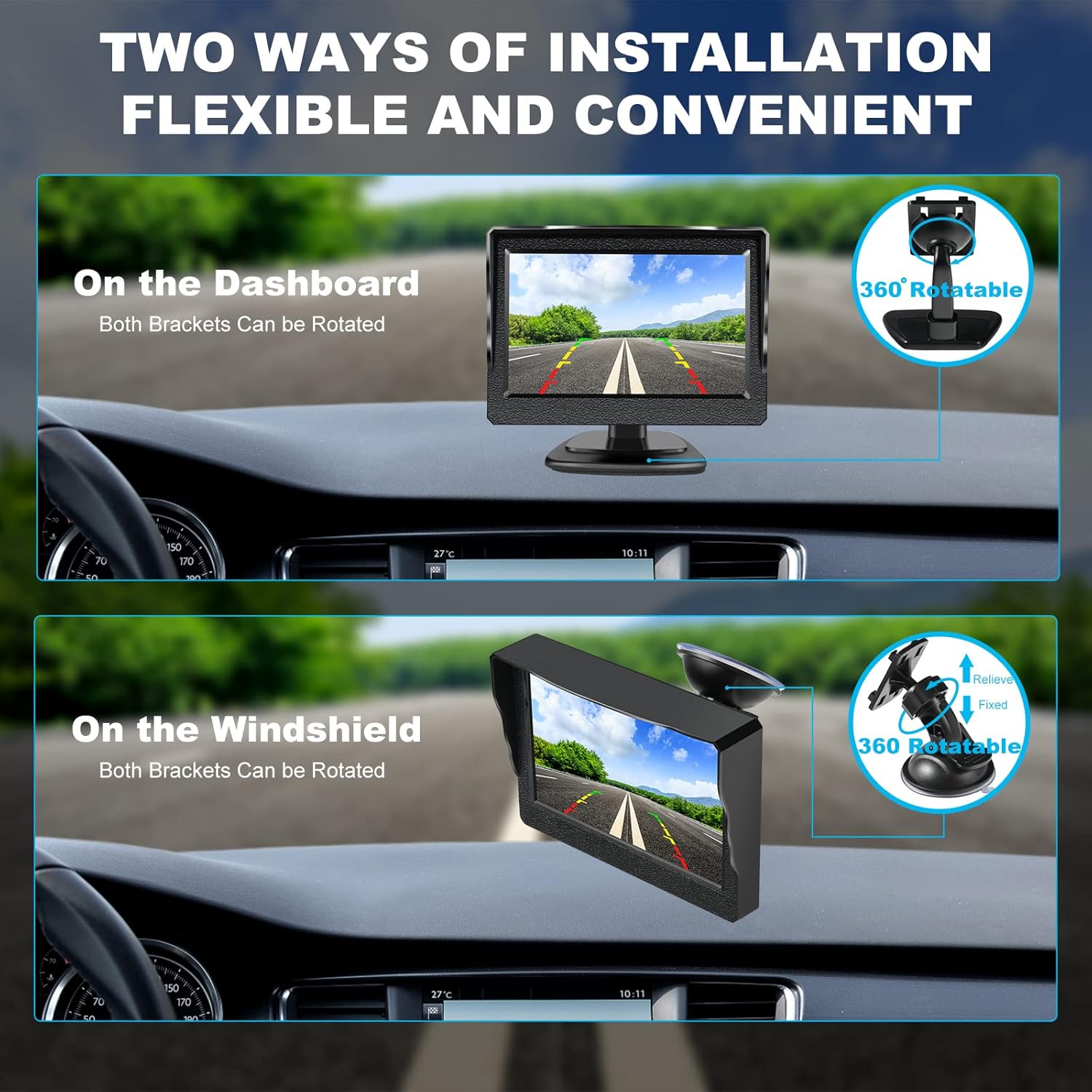 HOSOOD Cámara de respaldo HD de 4.3 pulgadas, monitor de visión trasera para coche de 12 V, fácil instalación, Plug and Play, visión nocturna