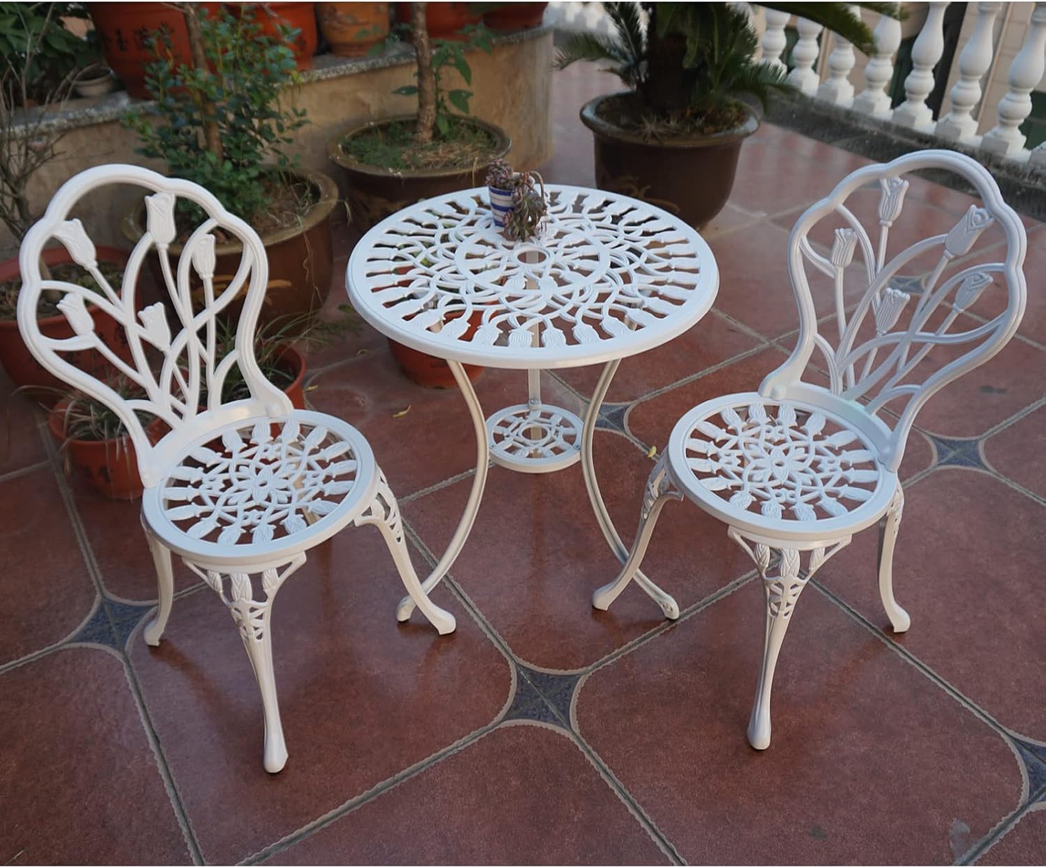 KAI LI Juego de 3 piezas de muebles de patio de aluminio fundido para patio, jardín al aire libre, mesas y sillas a prueba de óxido, juego de bisrto