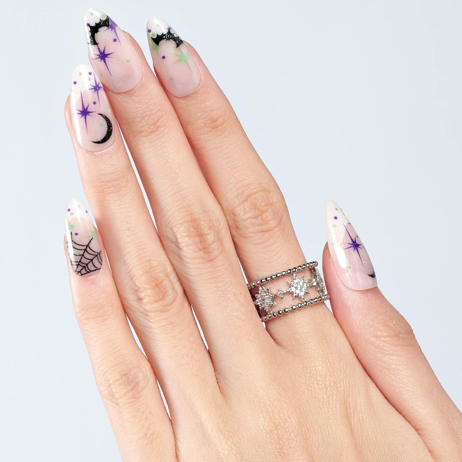 GLAMERMAID Uñas postizas a presión de almendra, uñas postizas de gel con diseño gótico, 24 uñas adhesivas, uñas acrílicas reutilizables, juego de