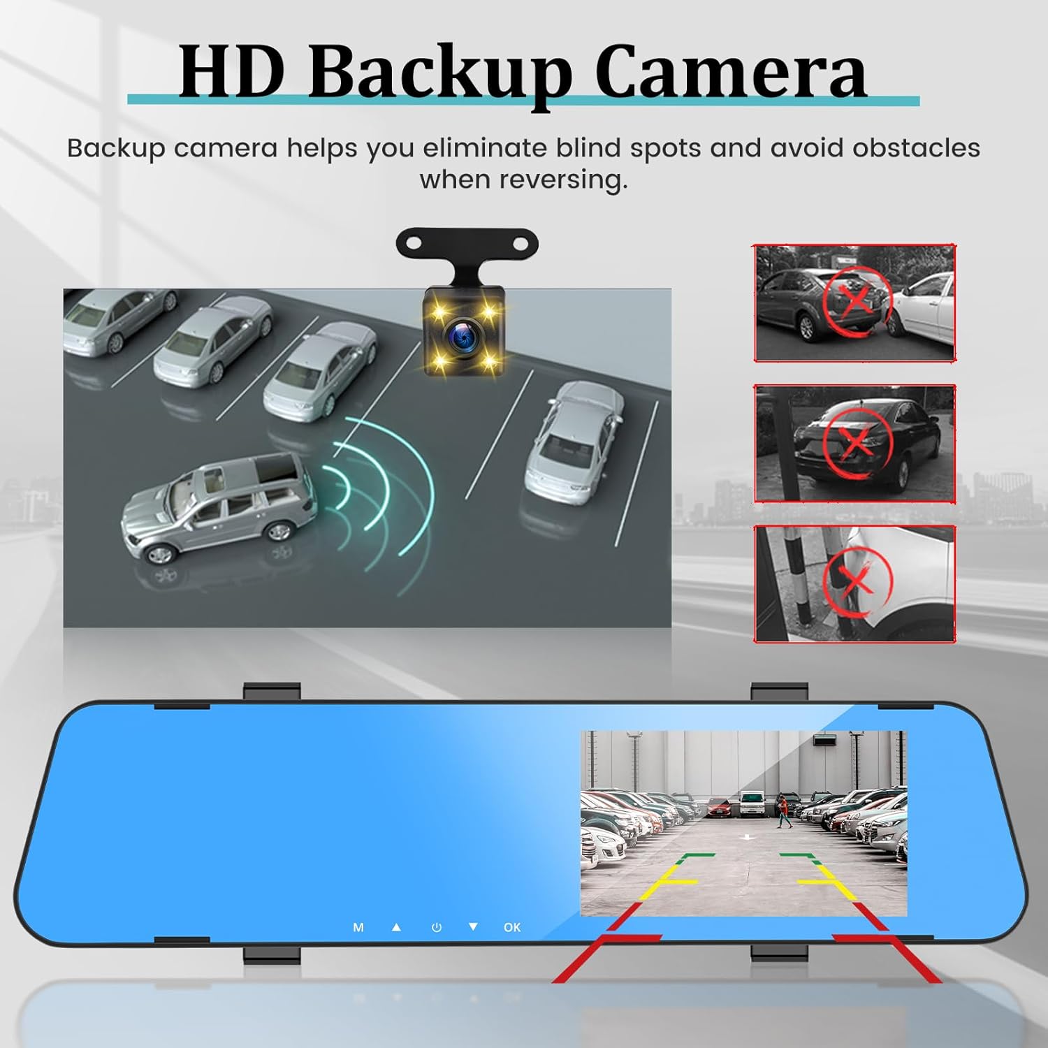 Cámara de espejo retrovisor de 4.5 pulgadas para automóvil con tarjeta TF de 64G, pantalla táctil IPS de 1080P, grabación de bucle, ángulo ancho de