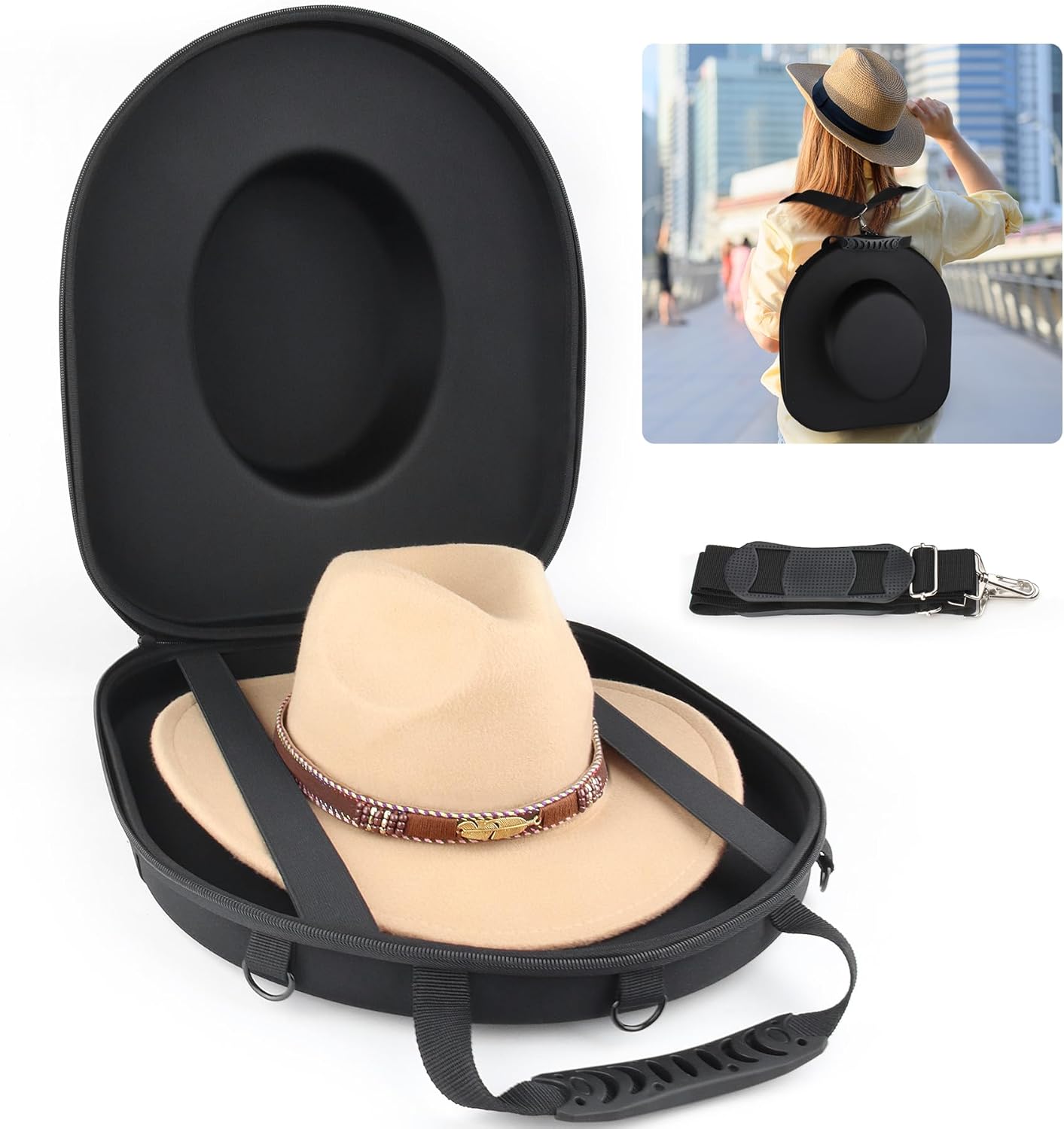 Caja de sombrero de vaquero para viaje, a prueba de aplastamientos, equipada con una asa de transporte, correa para el hombro y correa de equipaje,