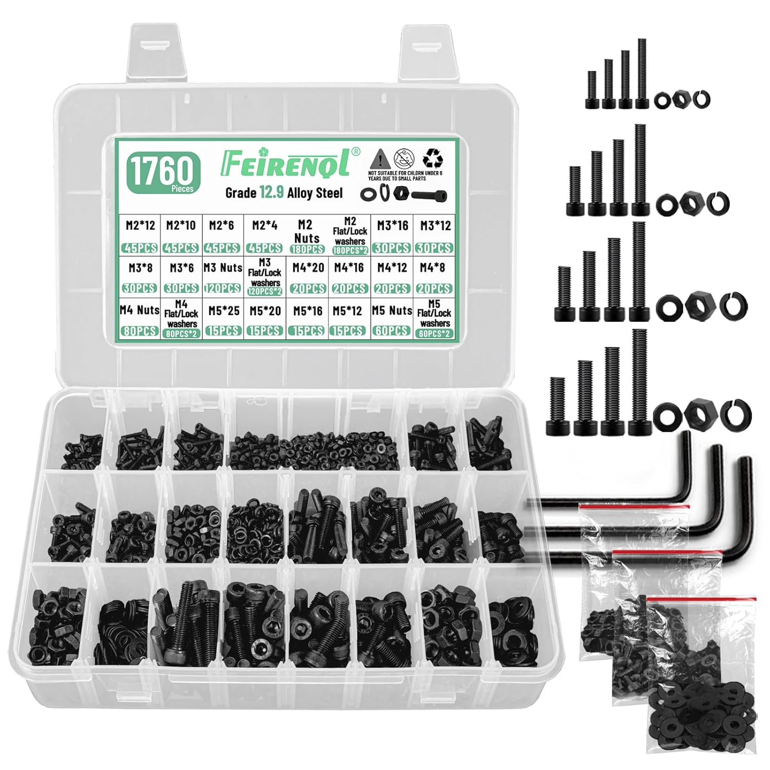 Juego de 1760 tornillos métricos surtidos M2 M3 M4 M5, grado 12.9 de acero de aleación de acero de aleación de casquillo hexagonal, tornillos