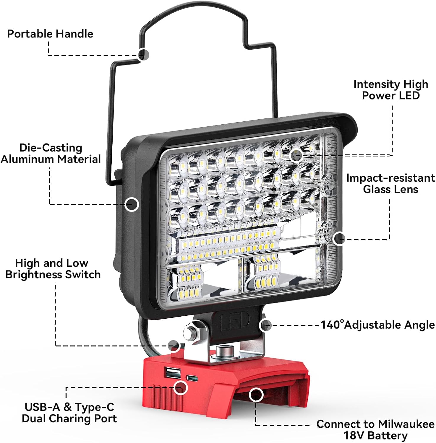Ecarke Luz de trabajo LED portátil para batería Milwaukee m18 de 18 V, luz de inundación LED de 4800 lúmenes de brillo con puerto de carga USB y