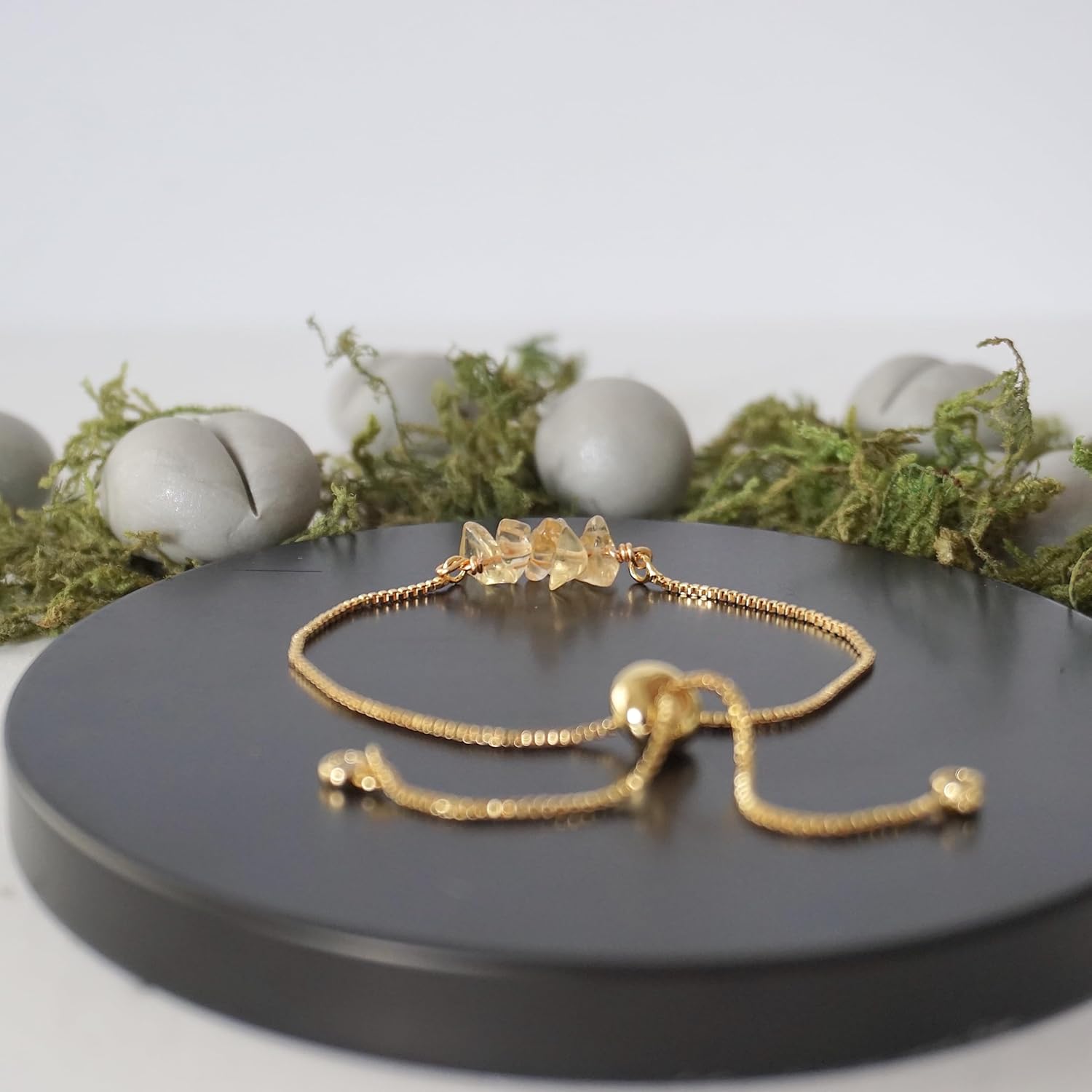 Designs by Nature Gems Citrine Crystal Bracelet, November Birthstone Jewelry, Adjustable Slider Chain Bolo Bracelet, Gold Plated Chakra Bar