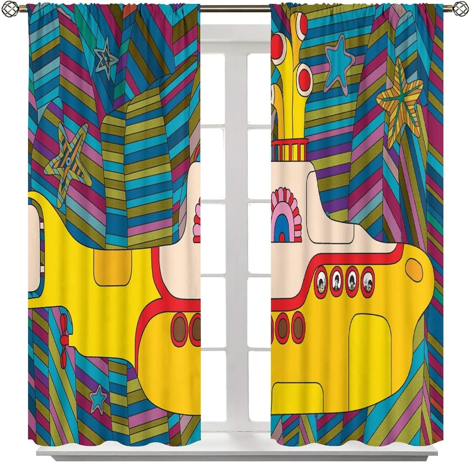 Cortina de decoración artística divertida de submarino amarillo, tela de poliéster impermeable, diseño de cortina de dormitorio, 2 paneles de 42