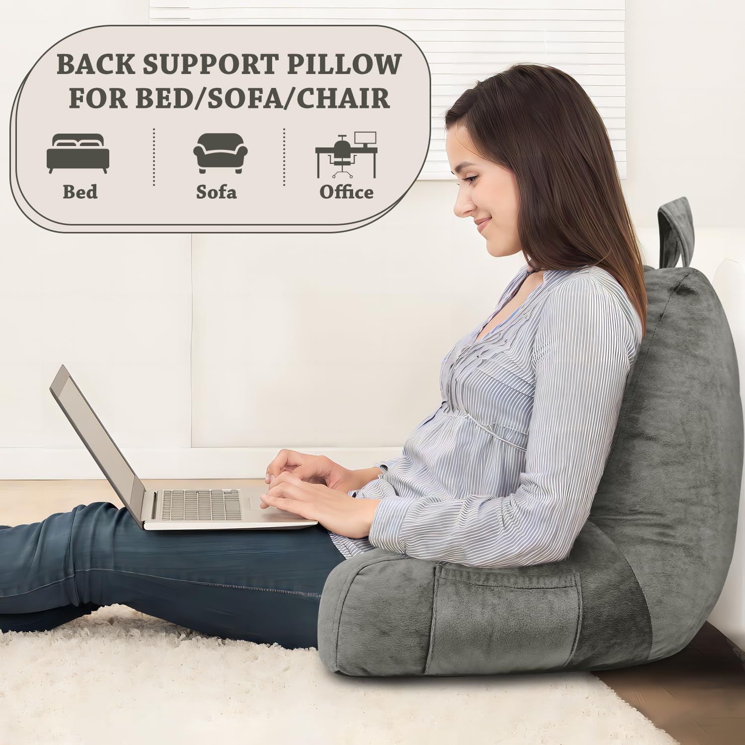 LOVTEX Almohada de lectura con funda extraíble, almohada de espalda para sentarse en la cama con brazos y bolsillos, almohada de descanso en cama
