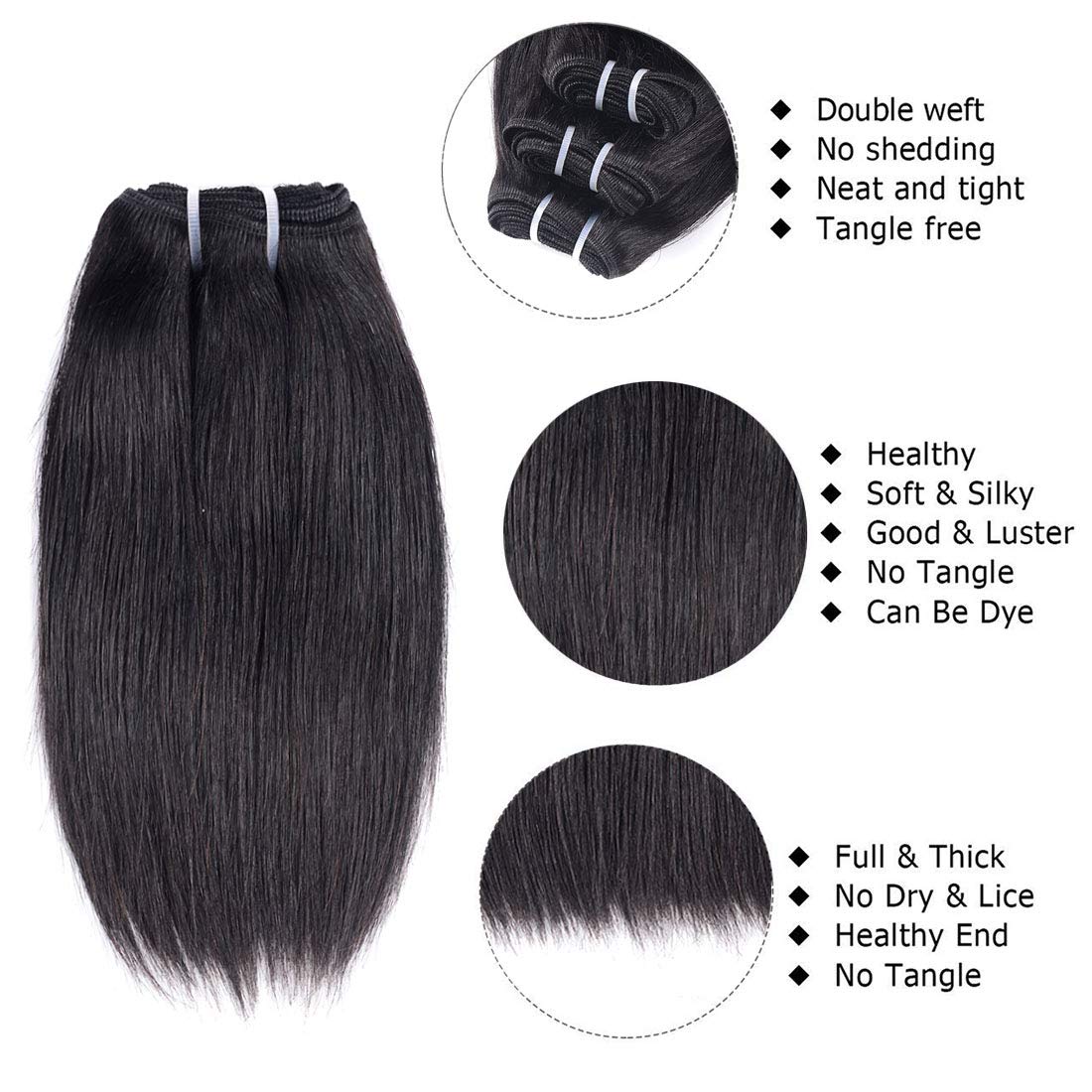 Liang Dian Manojos de cabello humano corto de 8 pulgadas, color natural, 4 manojos de cabello virgen brasileño 12A, paquetes de cabello humano lacio