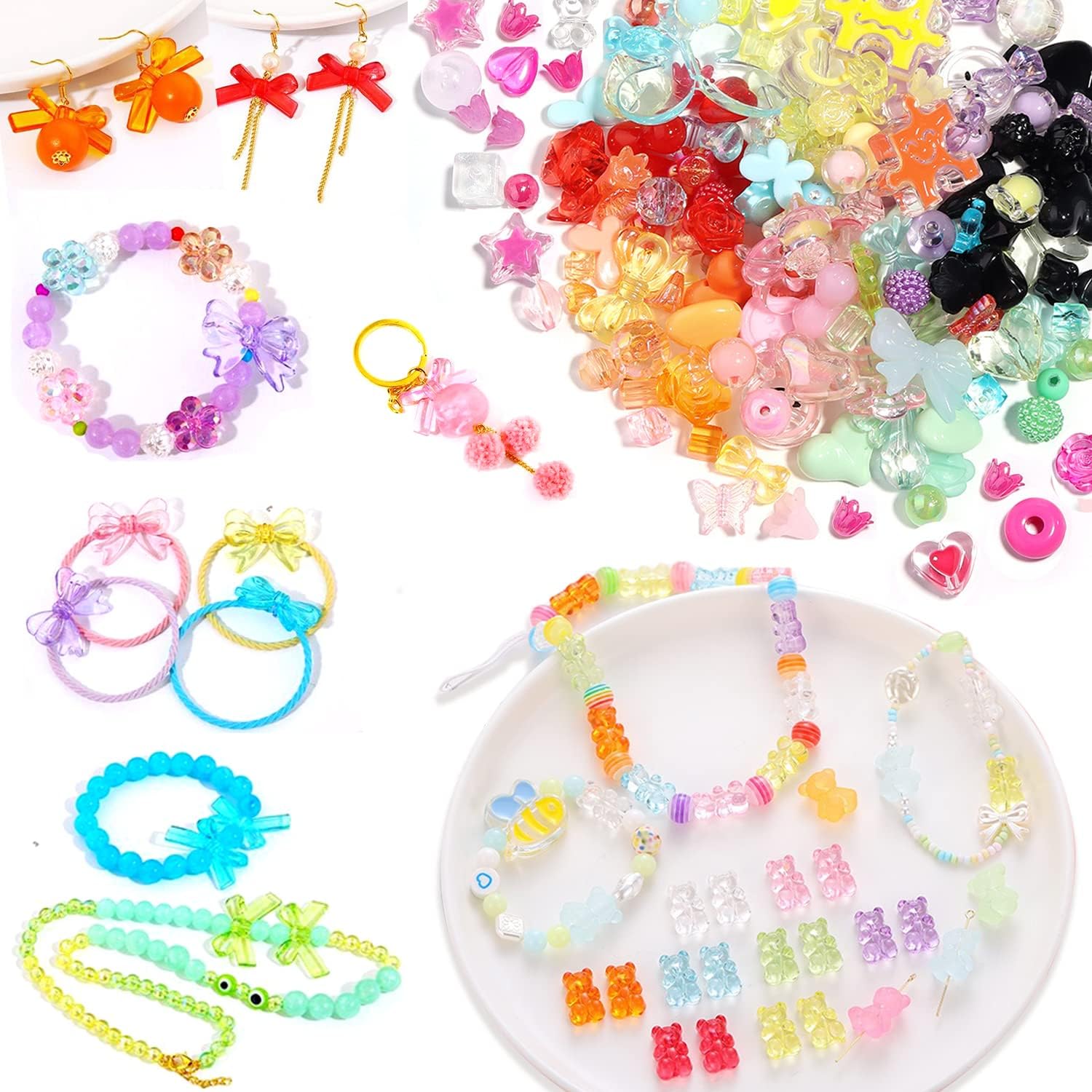 Cuentas estéticas de acrílico surtidas de 5.29 oz (170  230 unidades) para hacer joyas, cuentas redondas kawaii, corazón, estrella, mariposa, lazo,