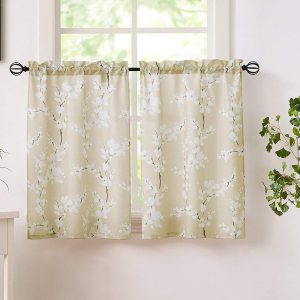 FMFUNCTEX Cortinas de cocina beige de 36 pulgadas de largo, estampado de flores blancas en lienzo, juegos de cortinas para ventanas pequeñas, FMFUNCTEX Cortinas de cocina beige de 36 pulgadas de largo, estampado de flores blancas en lienzo, juegos de cortinas para ventanas pequeñas,