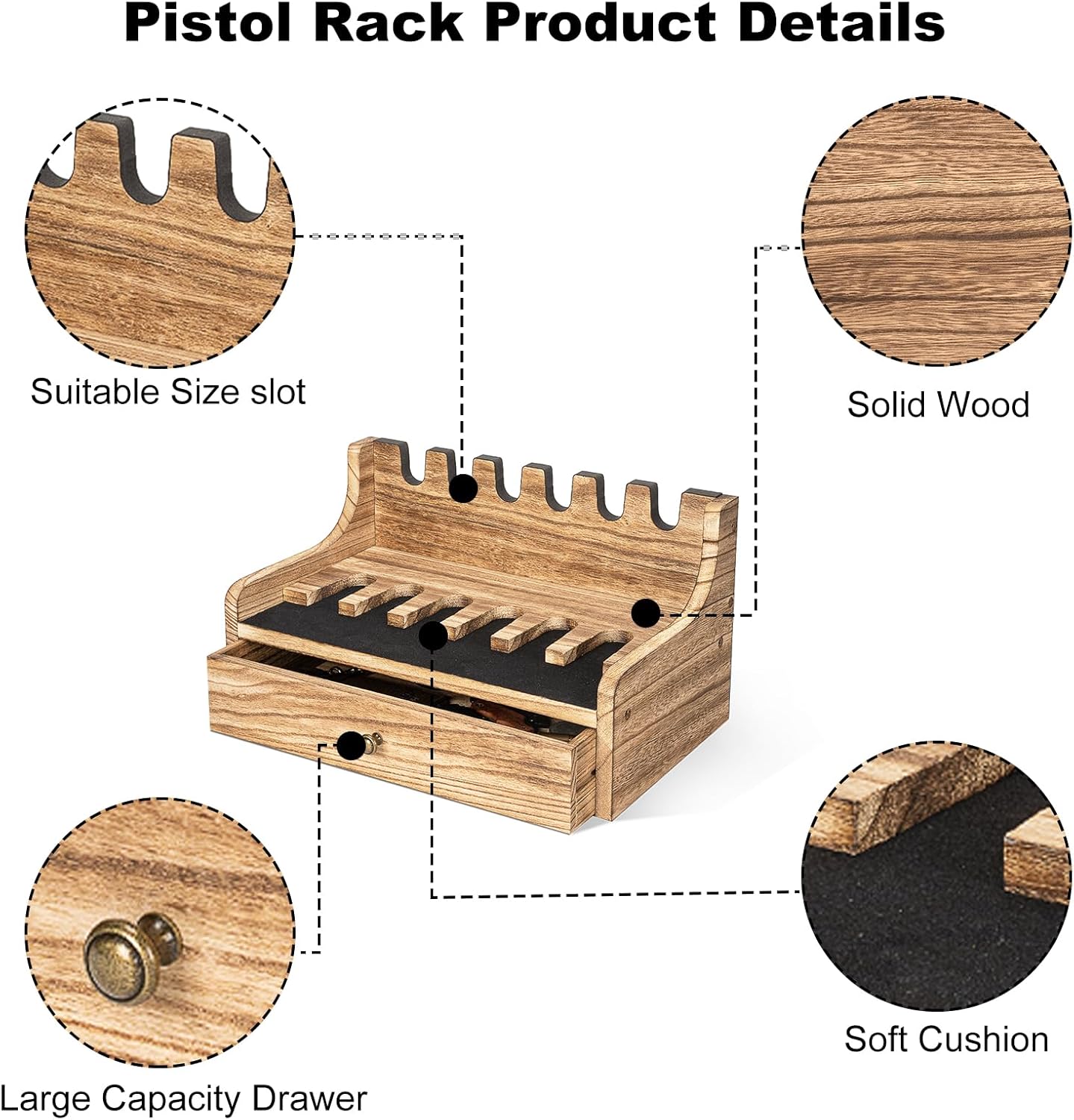Estante para pistola para caja fuerte y gabinetes, estante de madera maciza con cajón para pistola de estilo rústico seguro accesorio para pistola y