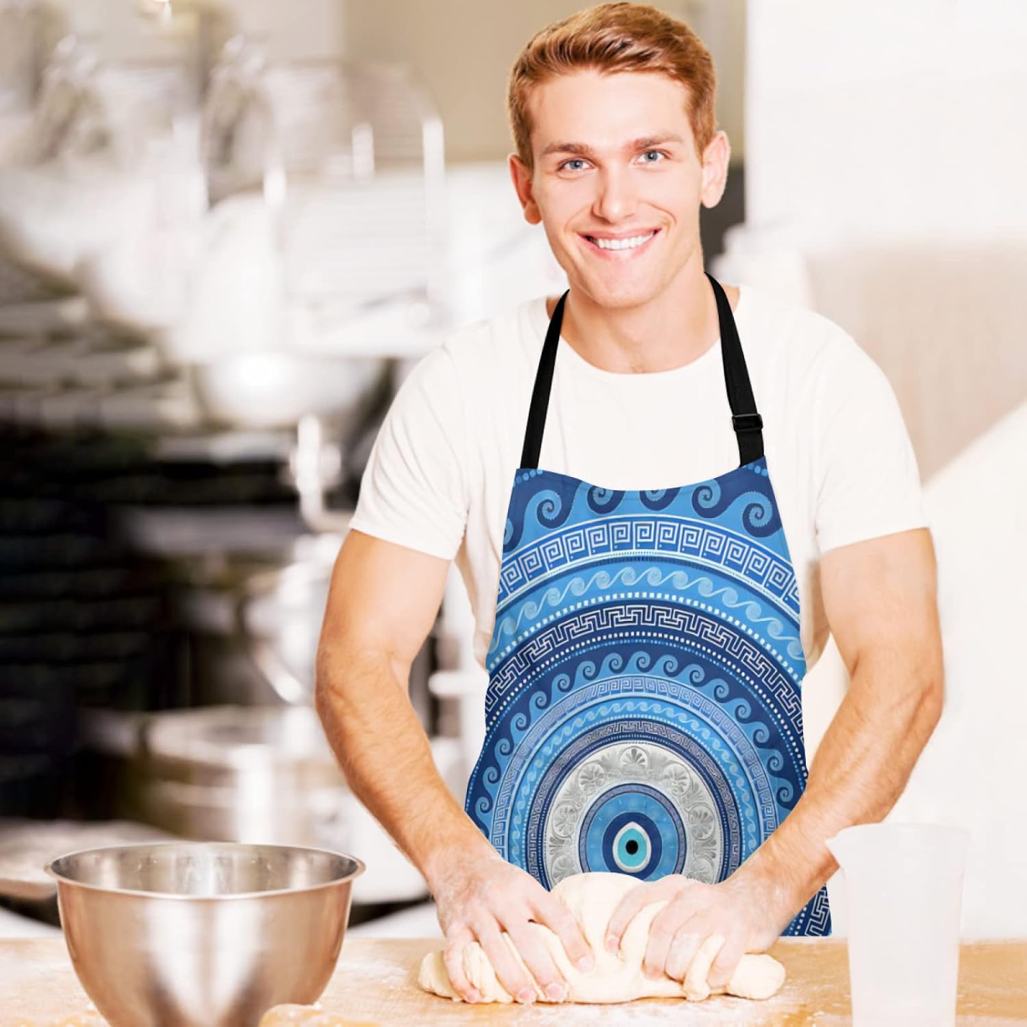 Delantal adulto para mujer hombre azul griego Matiasma mal de ojo de la cocina artista de jardín hornear picnic cocinar comer., Blanco