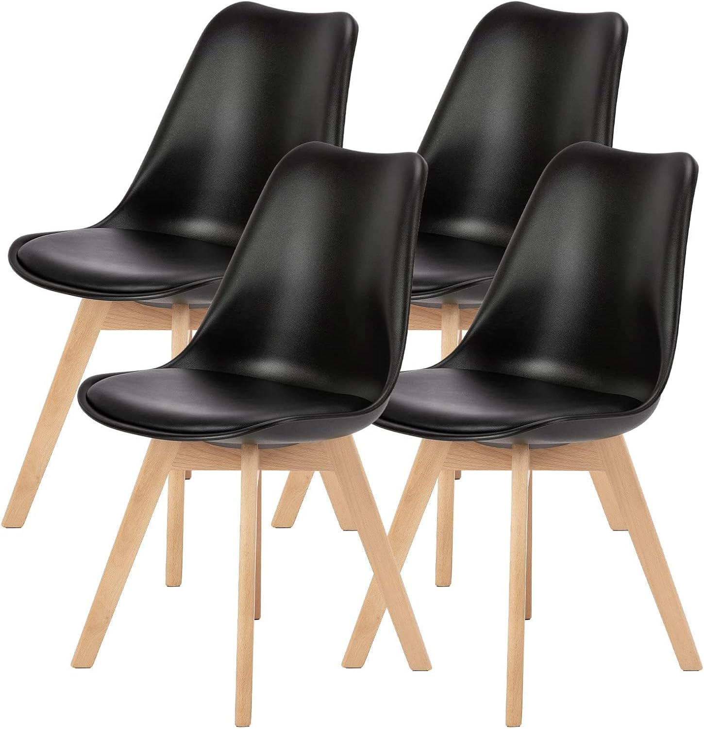 Sweetcrispy Juego de 4 sillas de comedor, modernas de mediados de siglo, sillas tapizadas de piel sintética con patas de madera, sillas de sala de