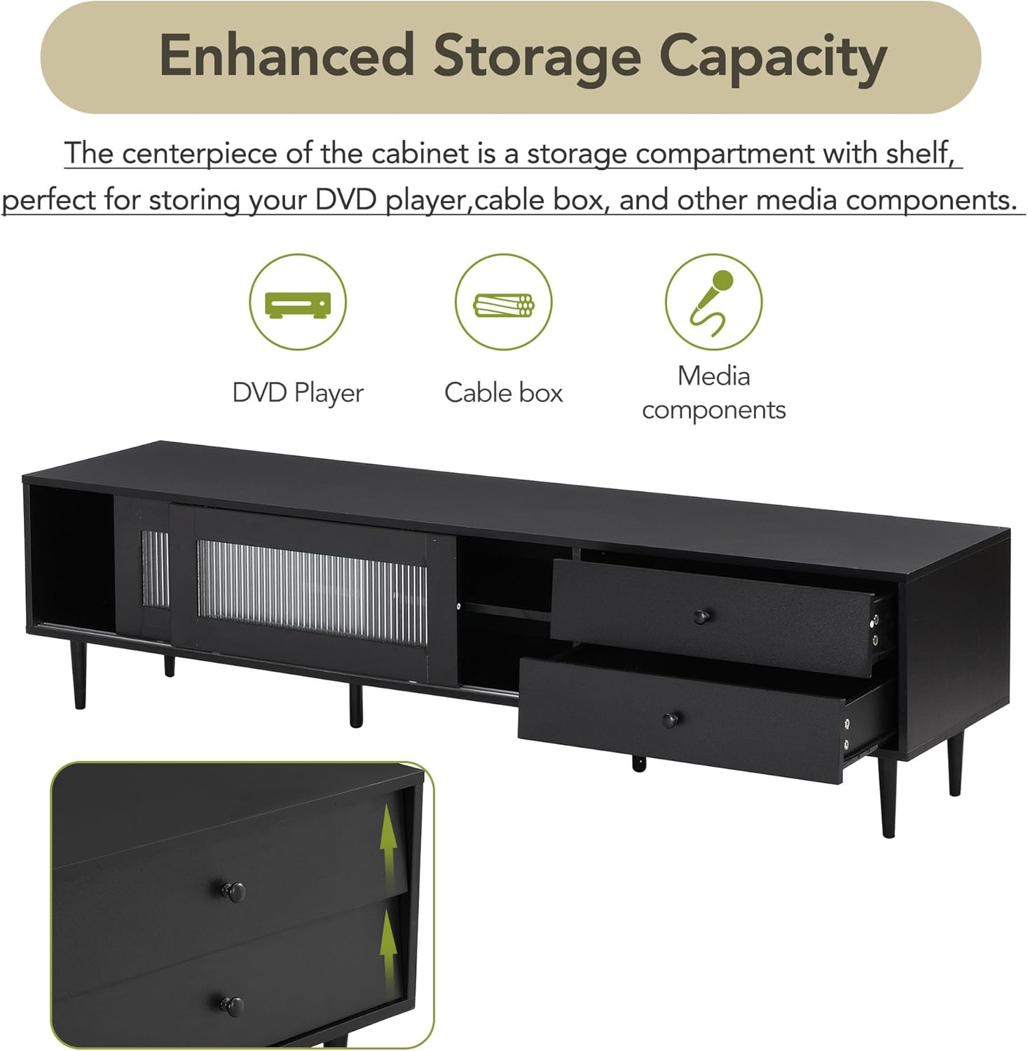 LUMISOL Moderno soporte de TV para TV de 75 pulgadas, consola de TV con puertas de vidrio estriado y cajones inclinados, gabinete multimedia