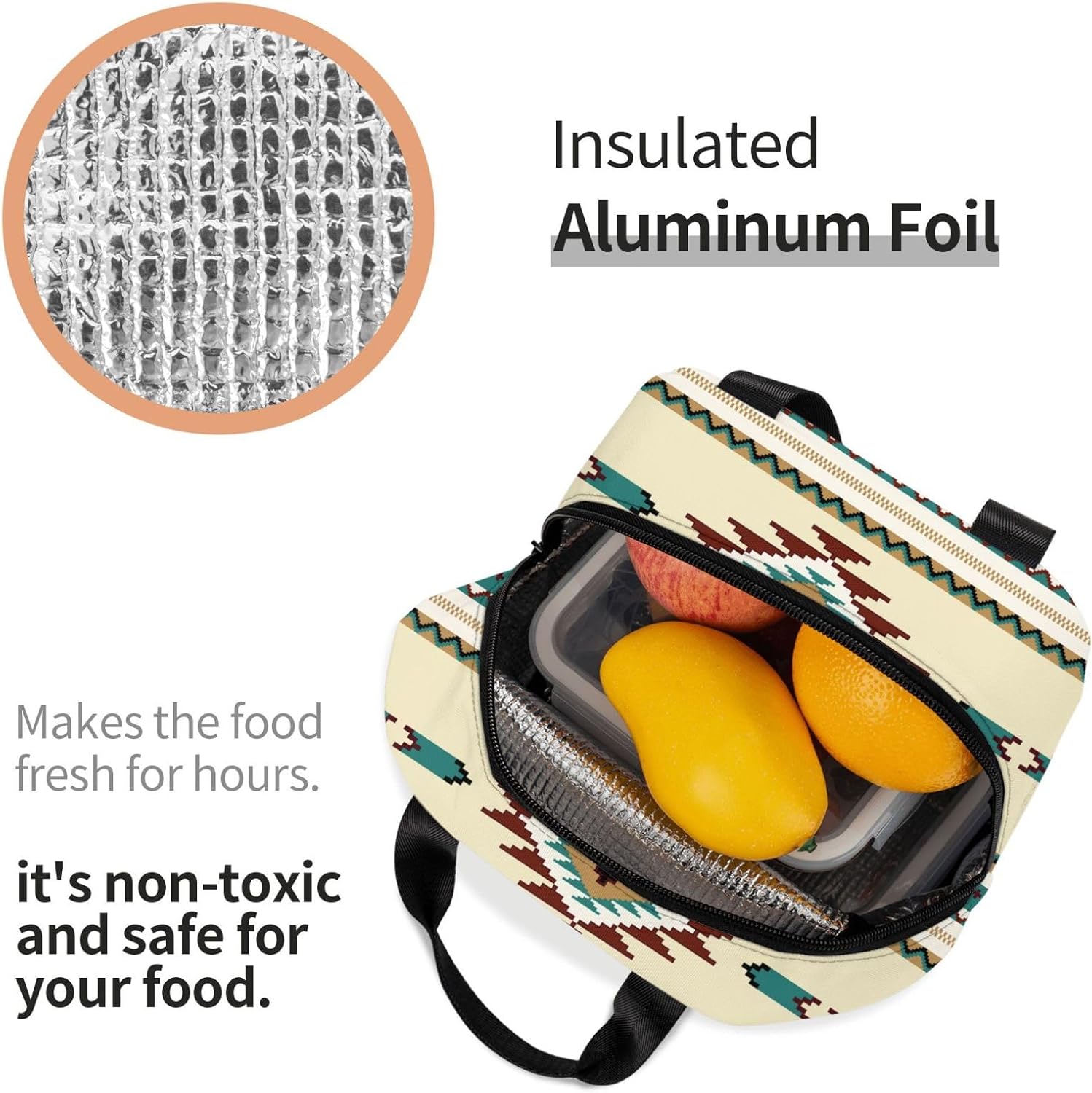 Bolsas de almuerzo portátiles reutilizables para étnica indiana, suroeste, occidental, tribal, azteca, verde, para mujeres y hombres, caja de