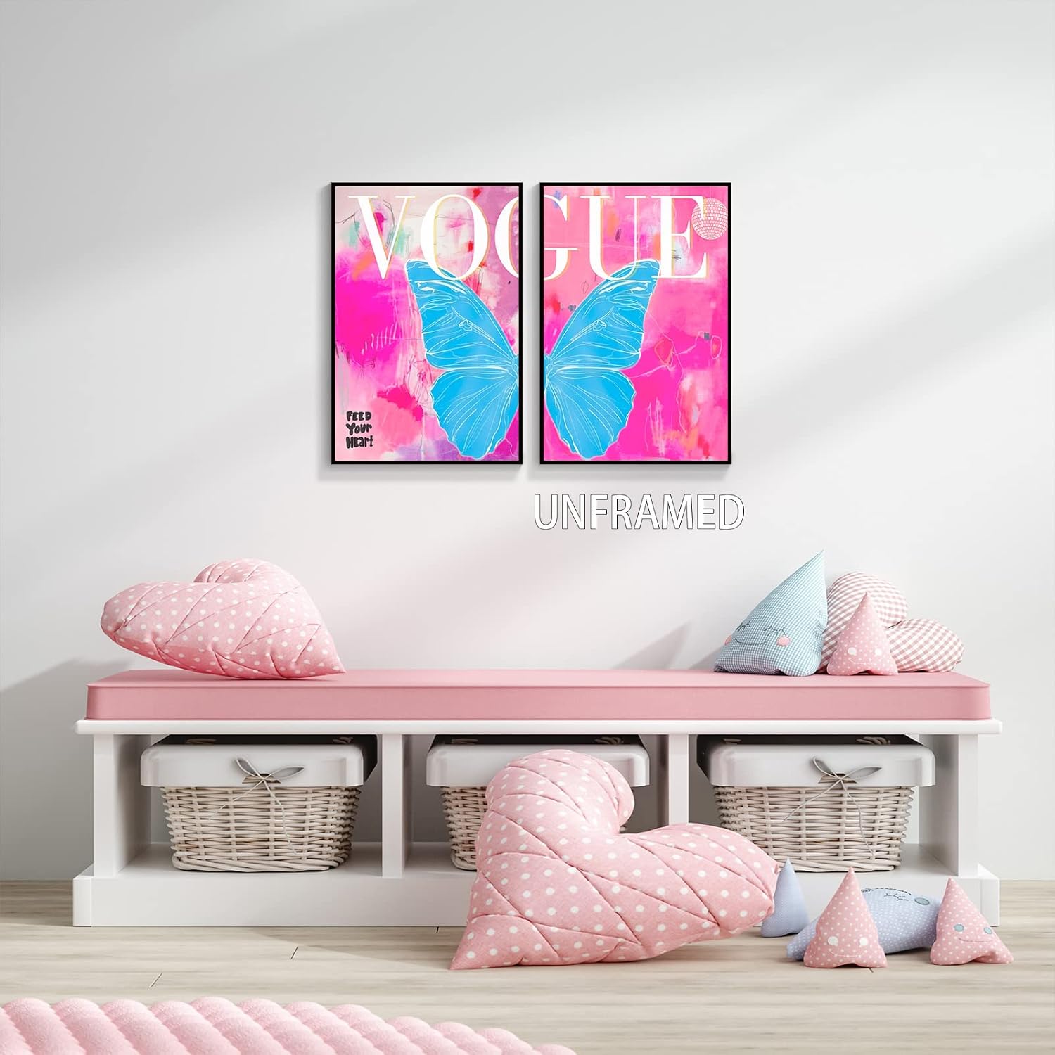 TACRIG 2 piezas de arte de pared en lienzo de mariposa azul de moda preppy – Pósteres de imágenes de moda rosa para dormitorio de niñas – Decoración