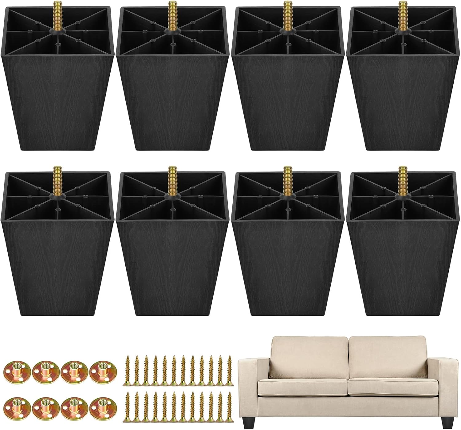 TURSTIN Paquete de 8 patas de plástico para muebles de 4 pulgadas, patas cuadradas cónicas para sofá con tornillos en T para patas, sofás, sillas,