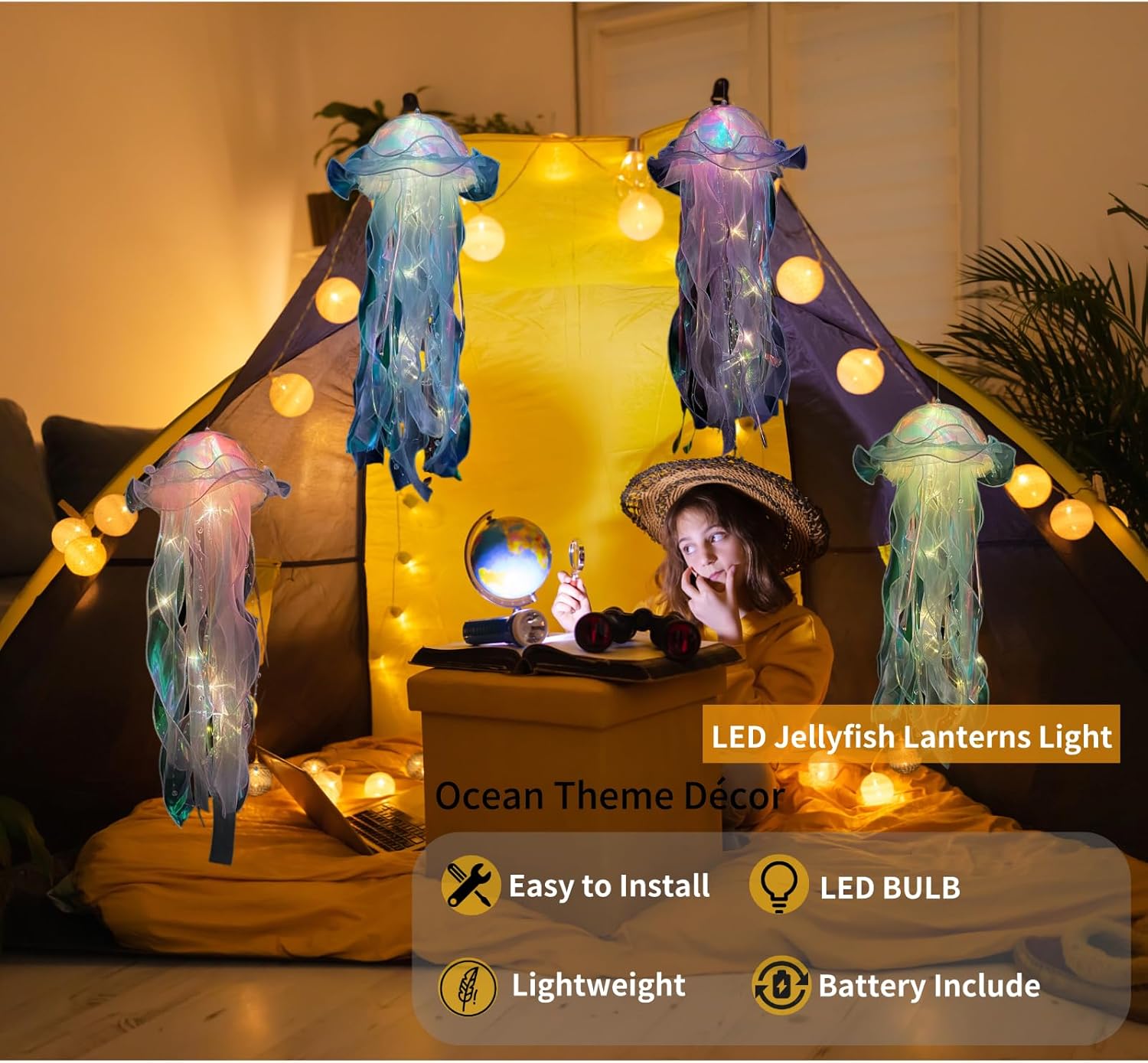 BNVXR Lámpara de pez gelatina brillante para adultos y niños, paquete de 4 lámparas LED de gelatina de pescado, linterna colgante de gelatina