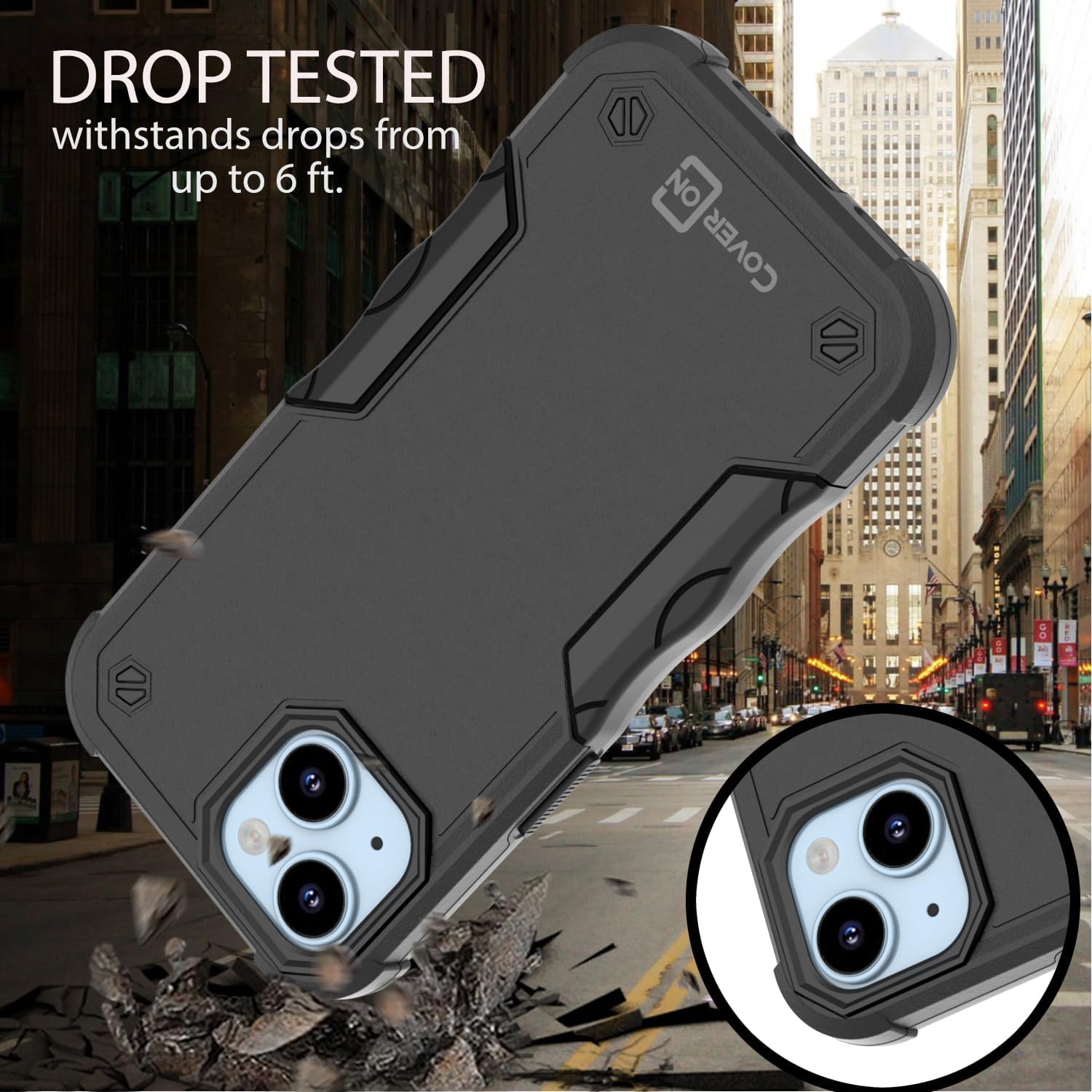 CoverON Funda resistente diseñada para Apple iPhone 15, resistente grado militar A de plástico duro, TPU híbrido, agarre de la piel, funda rígida