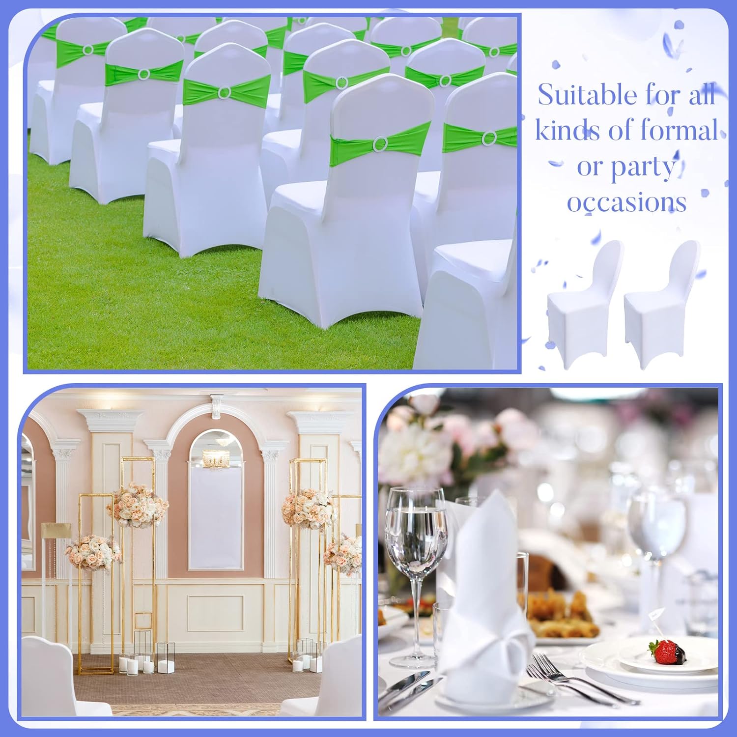 150 fundas blancas para sillas de banquete, de poliéster, parte delantera plana, de elastano, elástica, protector elástico para silla, para bodas,