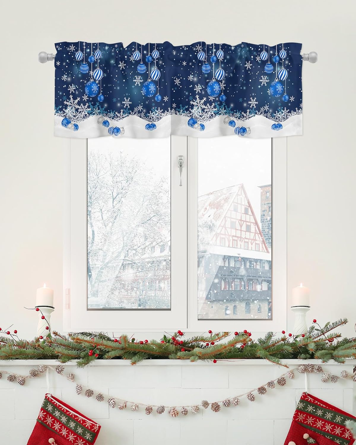 Cenefa de ventana de Navidad, copos de nieve de invierno, tratamiento de ventanas, bolas de Navidad, color azul, con bolsillo para barra, cenefa de