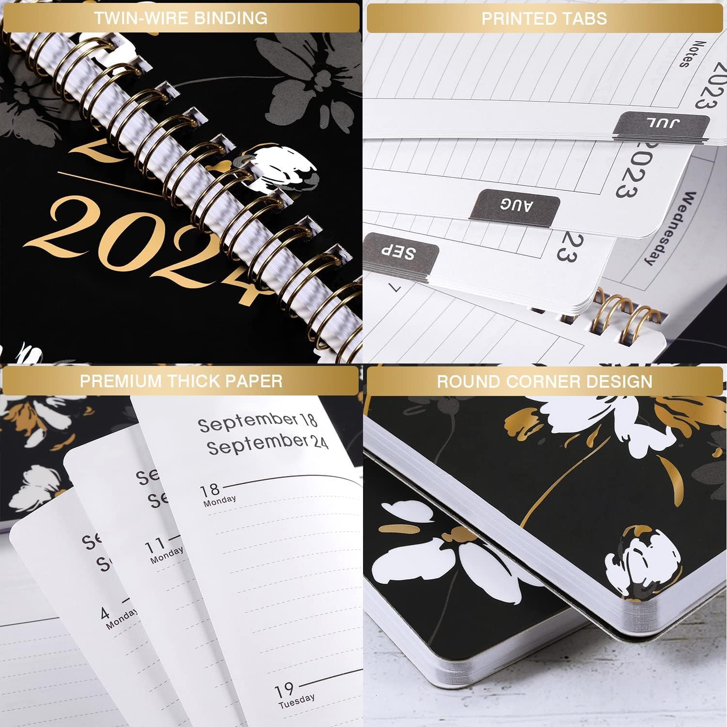 Agenda 2023-2024  Agenda semanal y mensual de julio de 2023 a junio de 2024, agenda de 8 x 10 pulgadas con lista de tareas, cubierta floral con