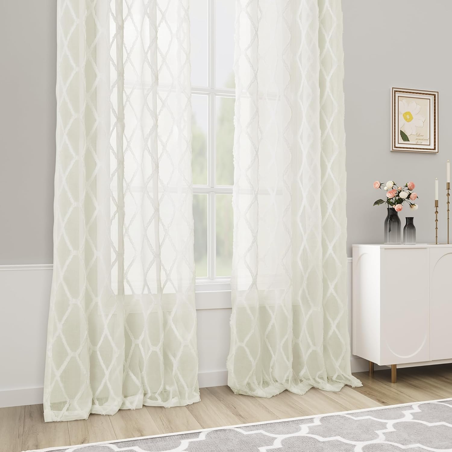 Hokibero 2 paneles de cortinas traslúcidas color crema bohemio de 90 pulgadas de largo para sala de estar, cortinas semitransparentes modernas y