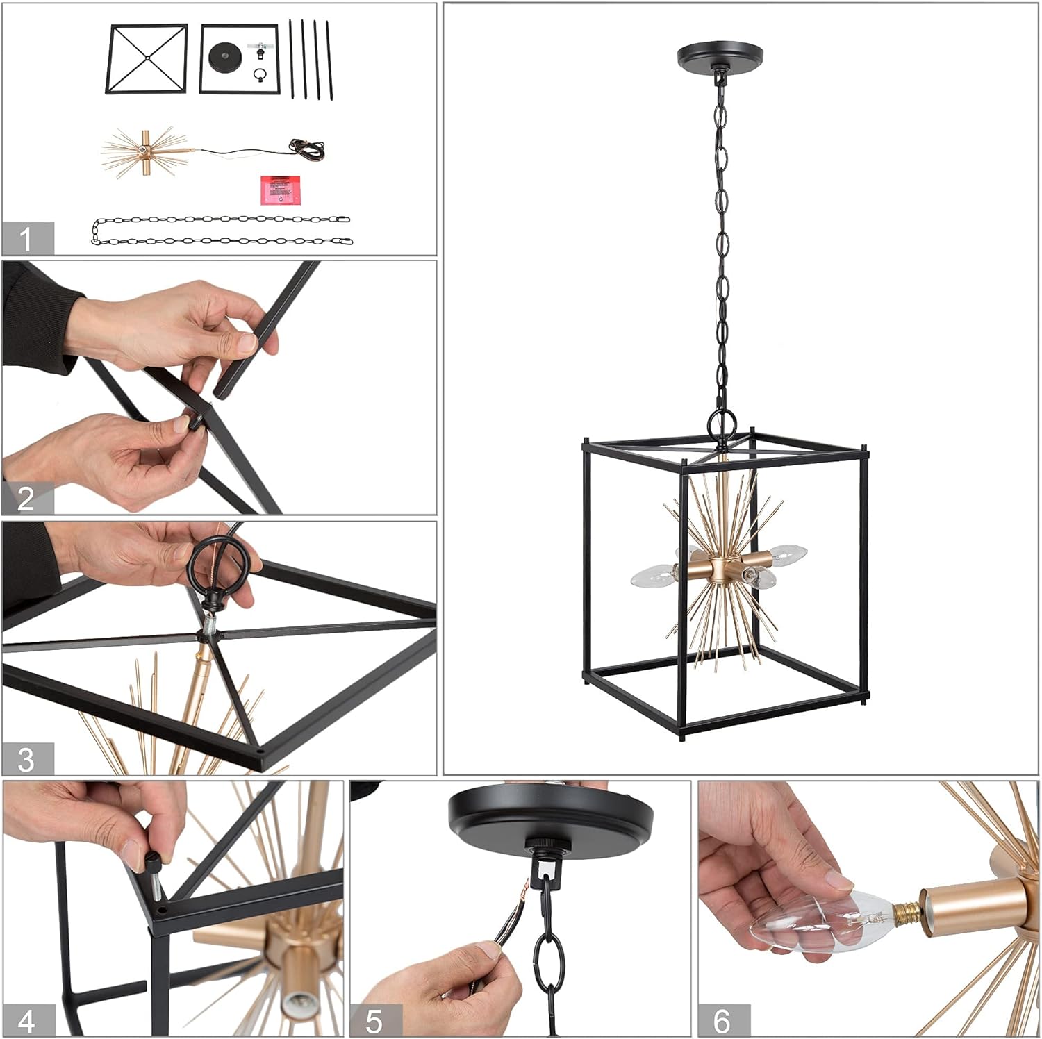 Durent Lighting Candelabro moderno de granja, lámpara negra de 4 luces con diseño de estrella dorada, lámpara colgante de metal cuadrado industrial