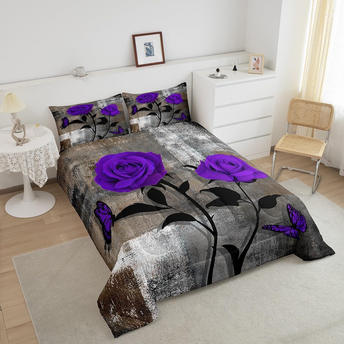 Erosebridal Juego de edredón de acuarela tamaño Queen, juego de ropa de cama de color marrón grunge y blanco degradado para adultos, romántico