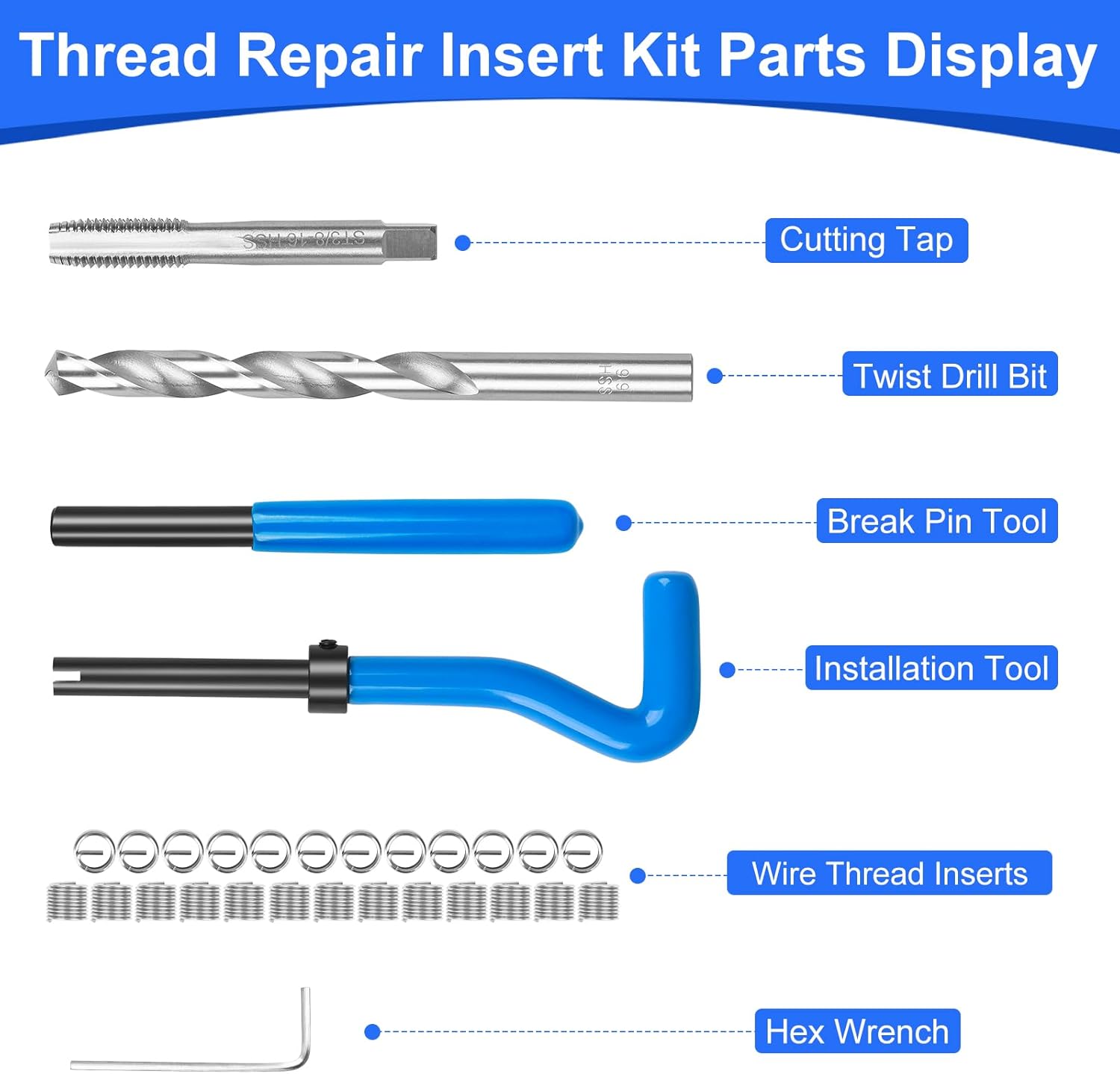 Kit de reparación de roscas SAE de 38-16 pulgadas, kit de reparación de helicoidales de taladro HSS de 38-16 pulgadas para reparación de agujeros de