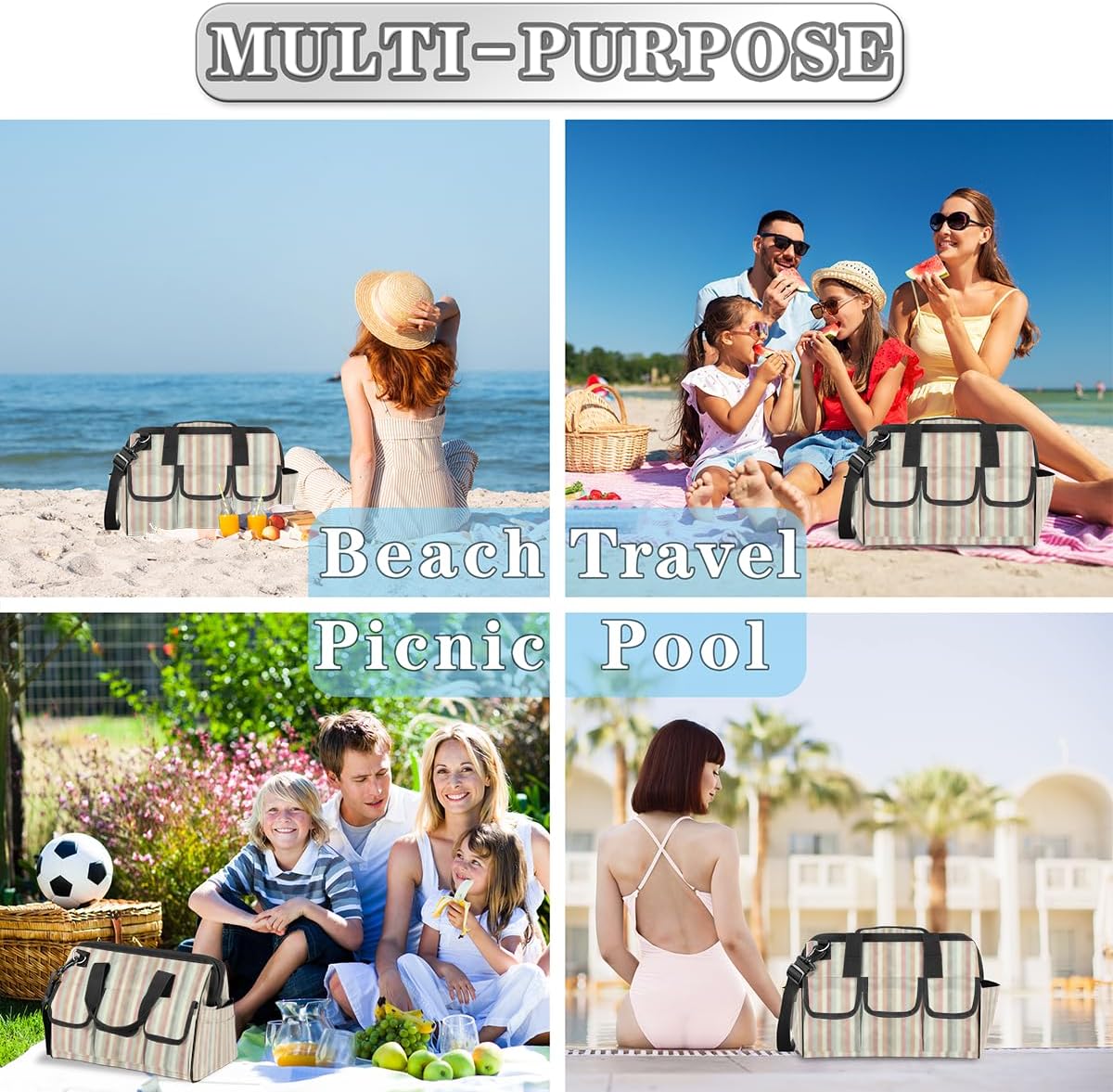 Retro Stripe Pastel Wide Mouth Tool Bags for Men and Women 14 Pockets Tool Tote Bag Pouch Heavy Duty Tool Organizer Bag with Adjustable Strape for