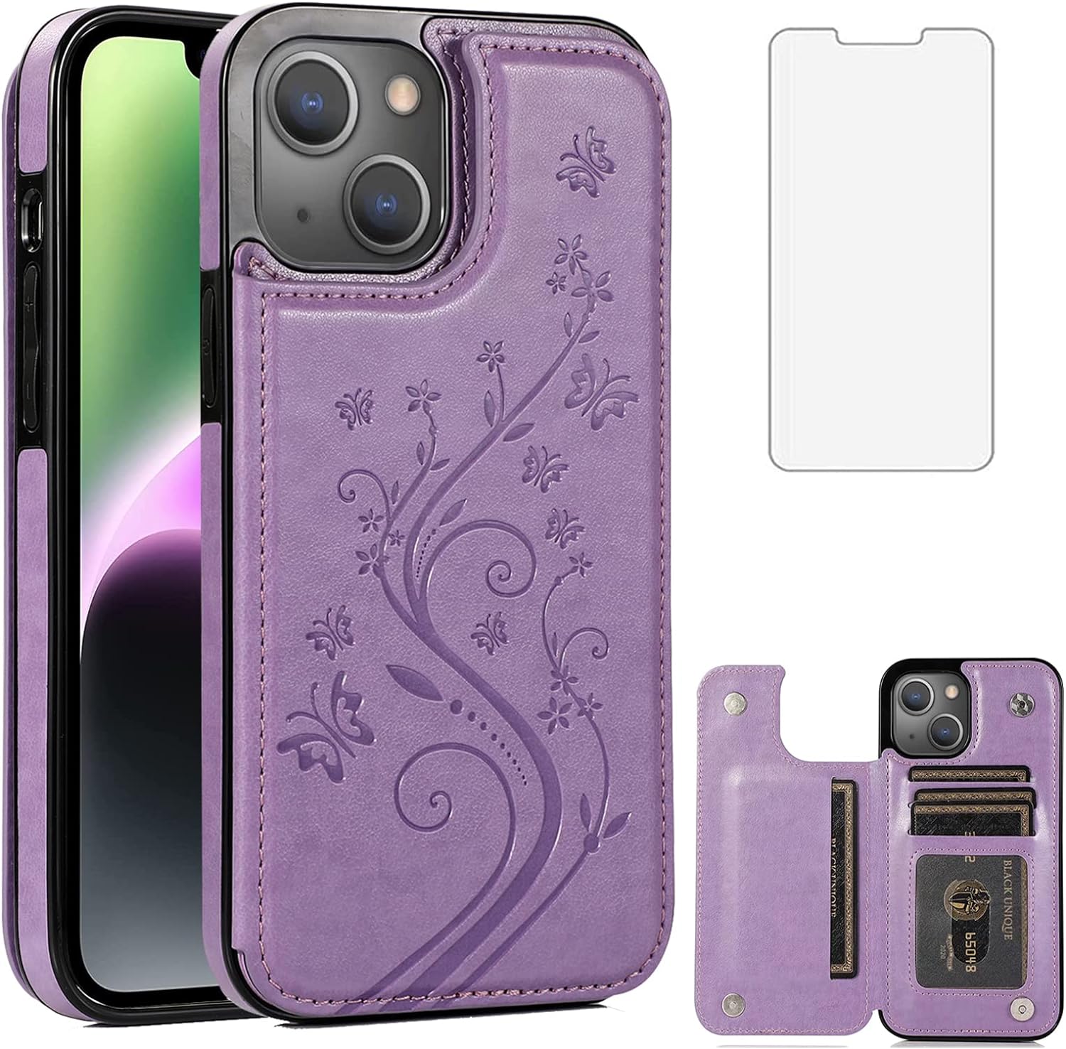 Funda compatible con iPhone 15 Plus de 6.7 pulgadas con protector de pantalla de vidrio templado y tarjetero con soporte para tarjetero, funda de