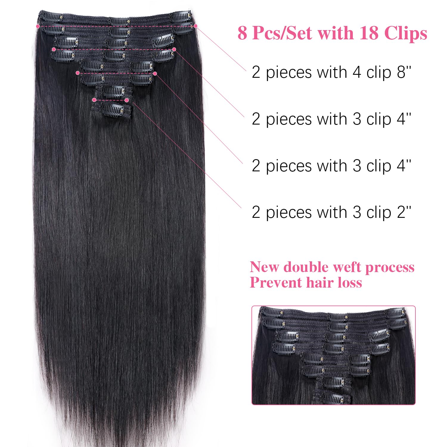 Extensiones de cabello humano lacio con clip, para mujeres negras, 100% sin procesar, cabello virgen brasileño con clip, sin costuras, 8 piezas con