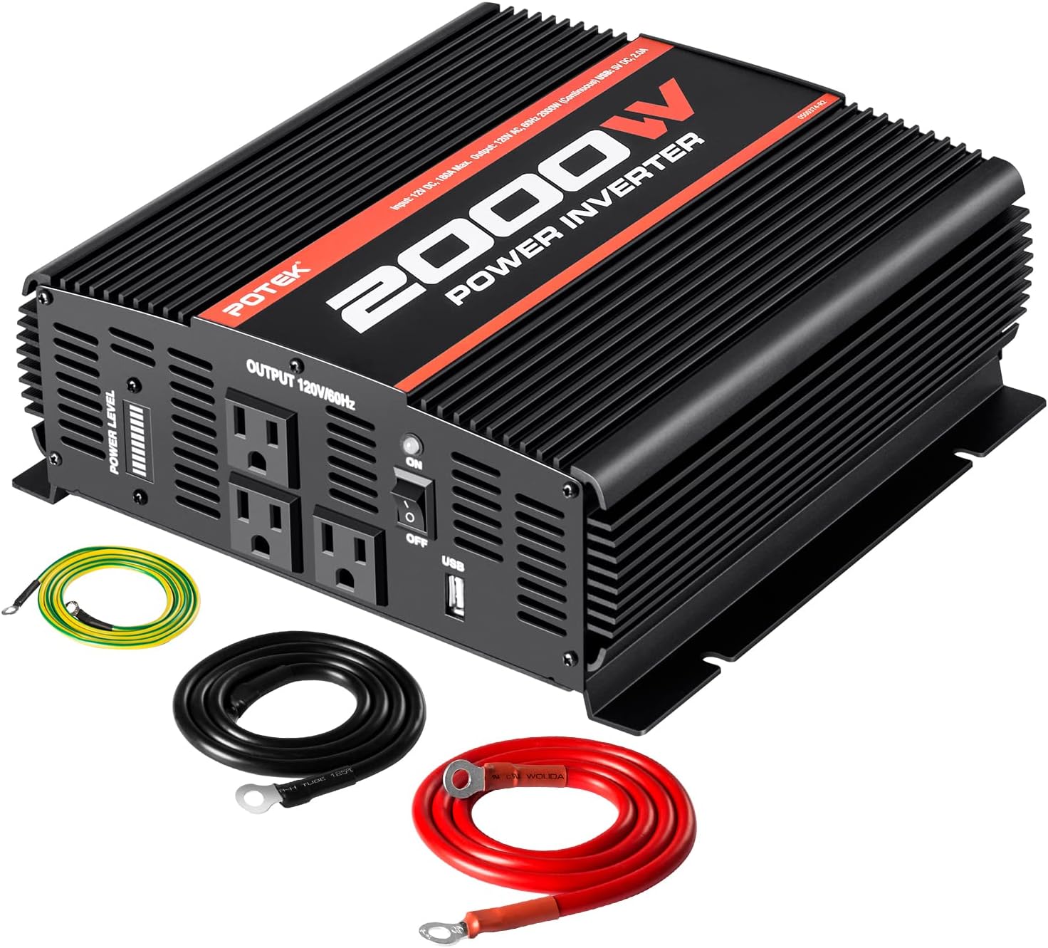 POTEK – Inversor de corriente de 2000W 3 salidas de AC DC 12V a 110V AC inversor de coche con 2 puertos USB de 2Amp y Bluetooth POTEK – Inversor de corriente de 2000W 3 salidas de AC DC 12V a 110V AC inversor de coche con 2 puertos USB de 2Amp y Bluetooth