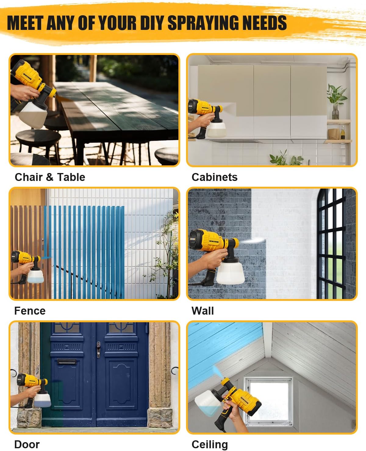 EWORK Pulverizador de pintura eléctrica de 700 W con juntas de limpieza y soplado, pulverizadores de pintura HVLP para interior y exterior del