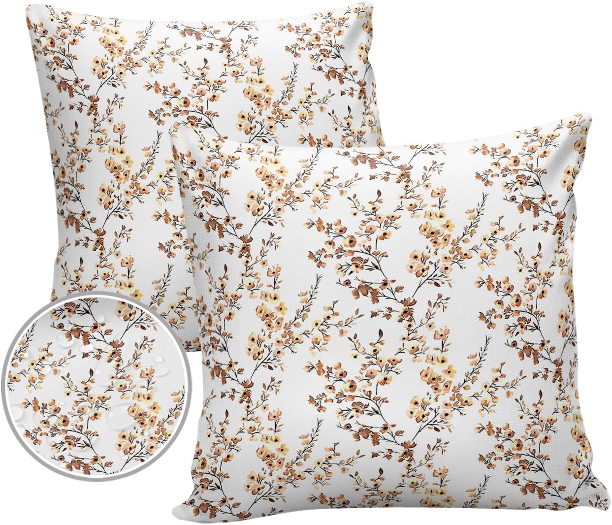 Paquete de 2 fundas de almohada cuadradas de 18 x 18 pulgadas, funda de cojín impermeable con textura floral amarilla y marrón para sofá,